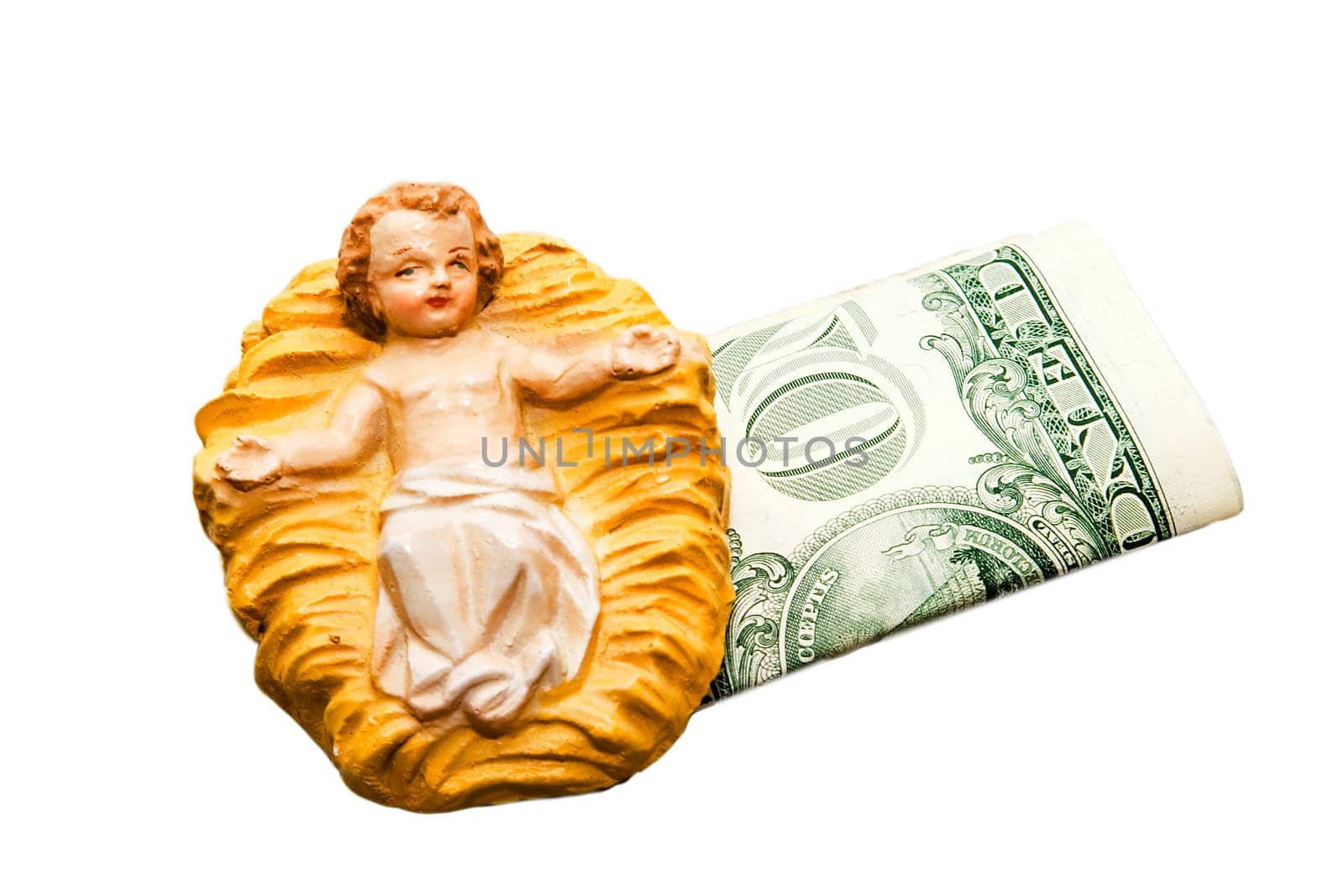 Commercialism vs Christmas, the Christ child and one dollar bills.