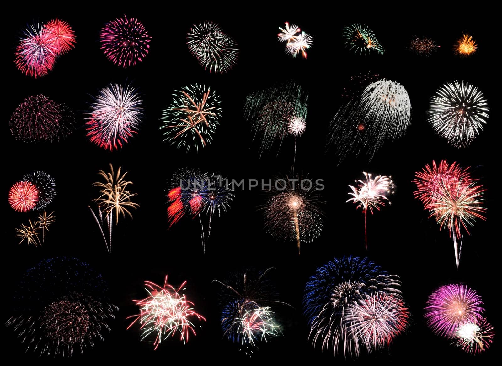 "25 individual fireworks explosions on black background.  ..Using """"Blending Modes"""" in Photoshop you can cut & paste these right on top of each other w/o the black overlapping!""."
