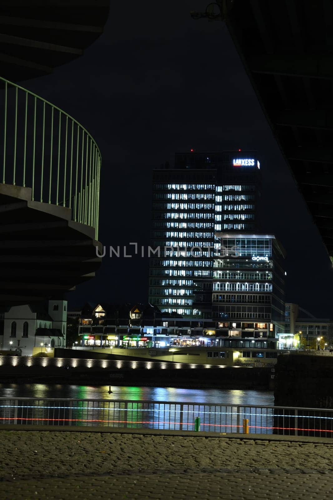Lanxess headquarters over the Rhine and the Deutzer Bridge in Cologne, Germany