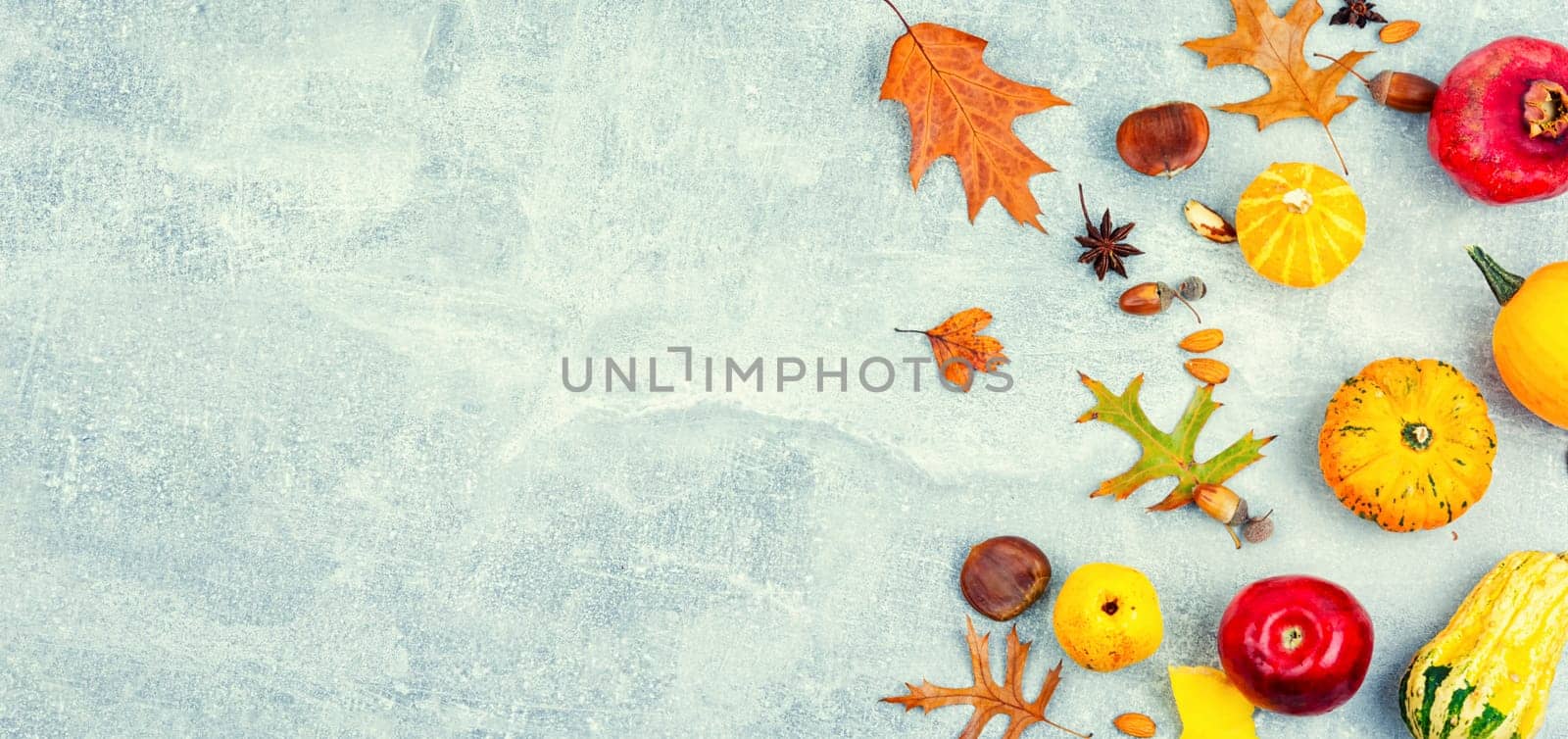 Squash with autumn fruit, apples, and nuts ,close up. Autumn still life, gourds