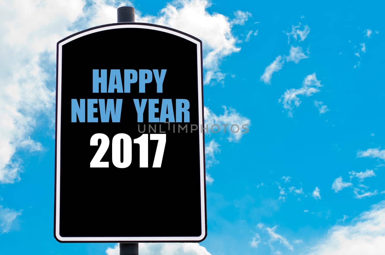 HAPPY NEW YEAR 2017  motivational quote written on road sign isolated over clear blue sky background with available copy space. Concept  image