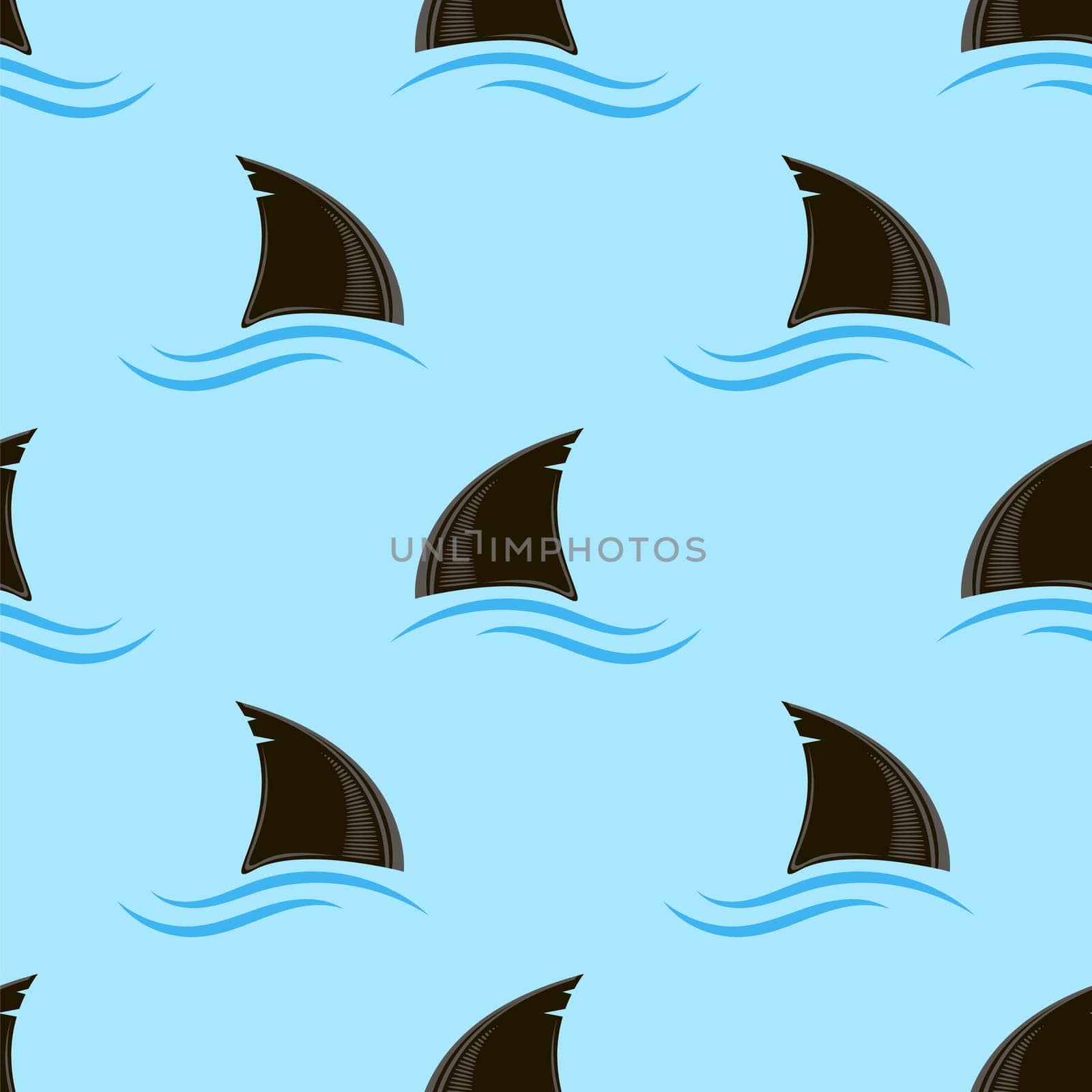 Shark Fin Silhouette Icon and Blue Waves Isolated on Blue Background. Seamless Pattern.