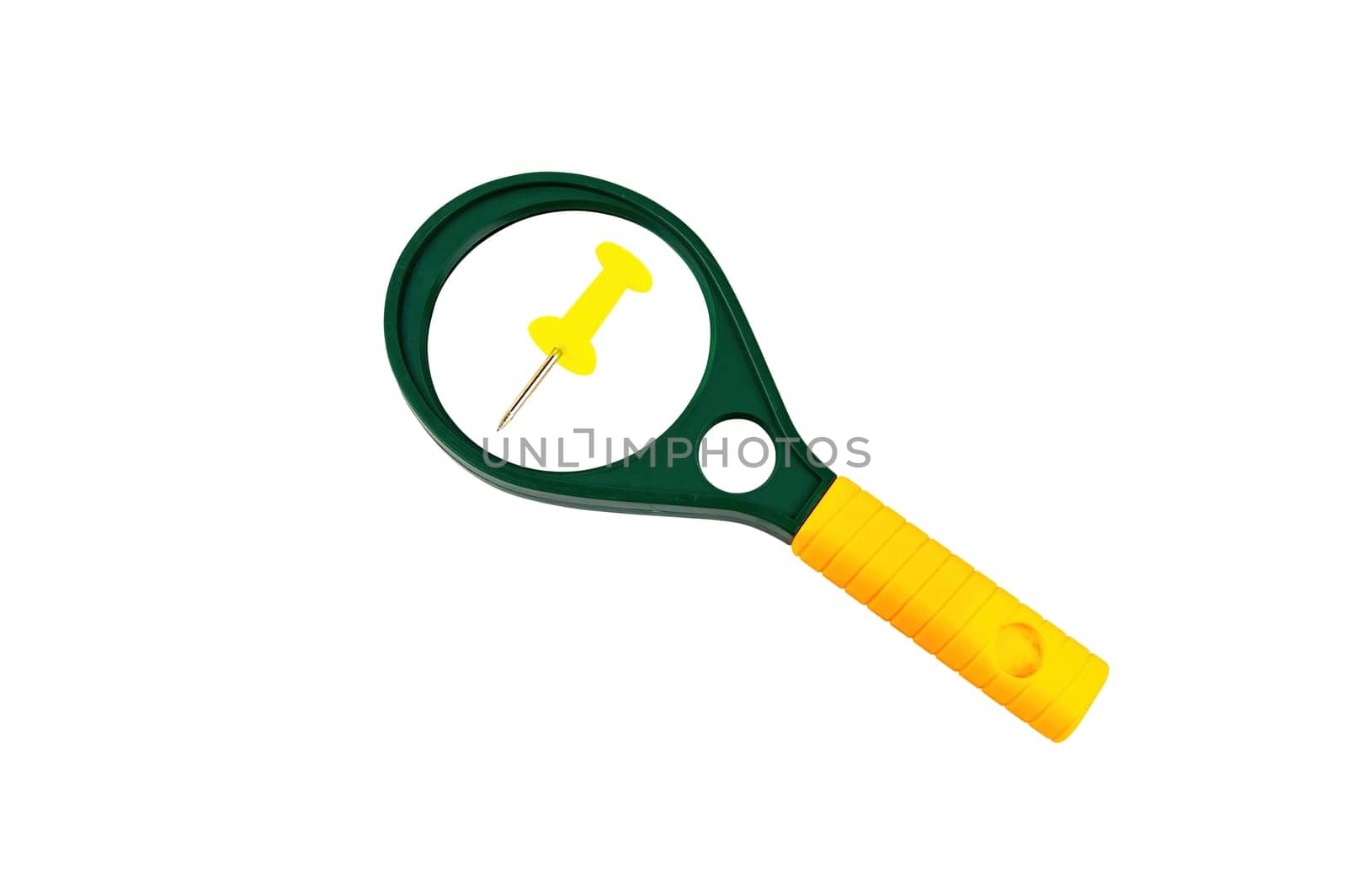 Pushpin under a magnifying lens on a white background. Office pin. Magnifying glass. The needle is enlarged with a lens. Isolated on white background.
