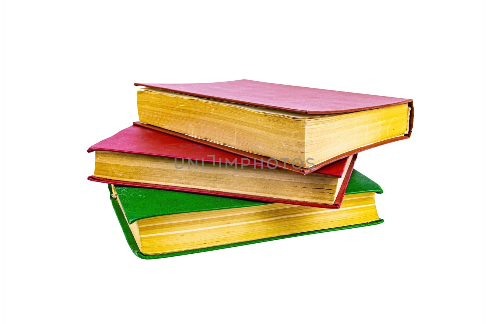 A stack of old books with colored covers. Books for reading. Old book. Book page yellow paper. Isolated on white background. Paper product. Read literature. Background image.