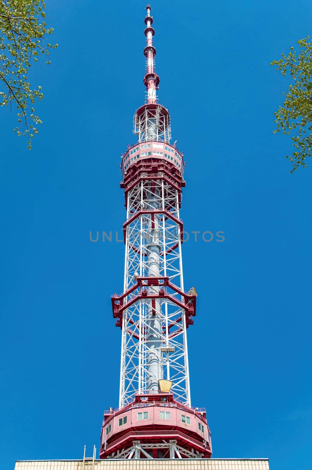 TV tower in the city of Kiev. Radio signal transmission. Public television. Wireless internet. Modern technologies. Industrial construction. The media. City life.