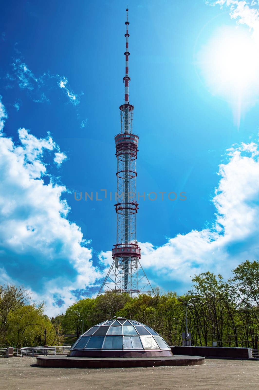 TV tower in the city of Kiev. Radio signal transmission. Public television. Wireless internet. Modern technologies. Industrial construction. The media. City life.