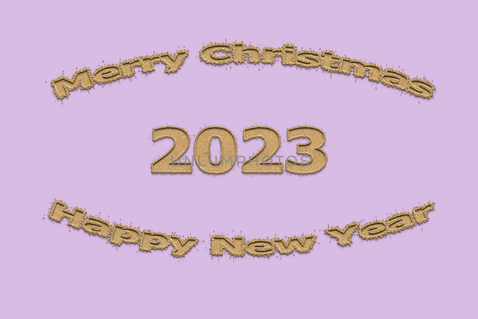3D illustration New Year concept 2023 design with text sand design on a purple rose color background.
