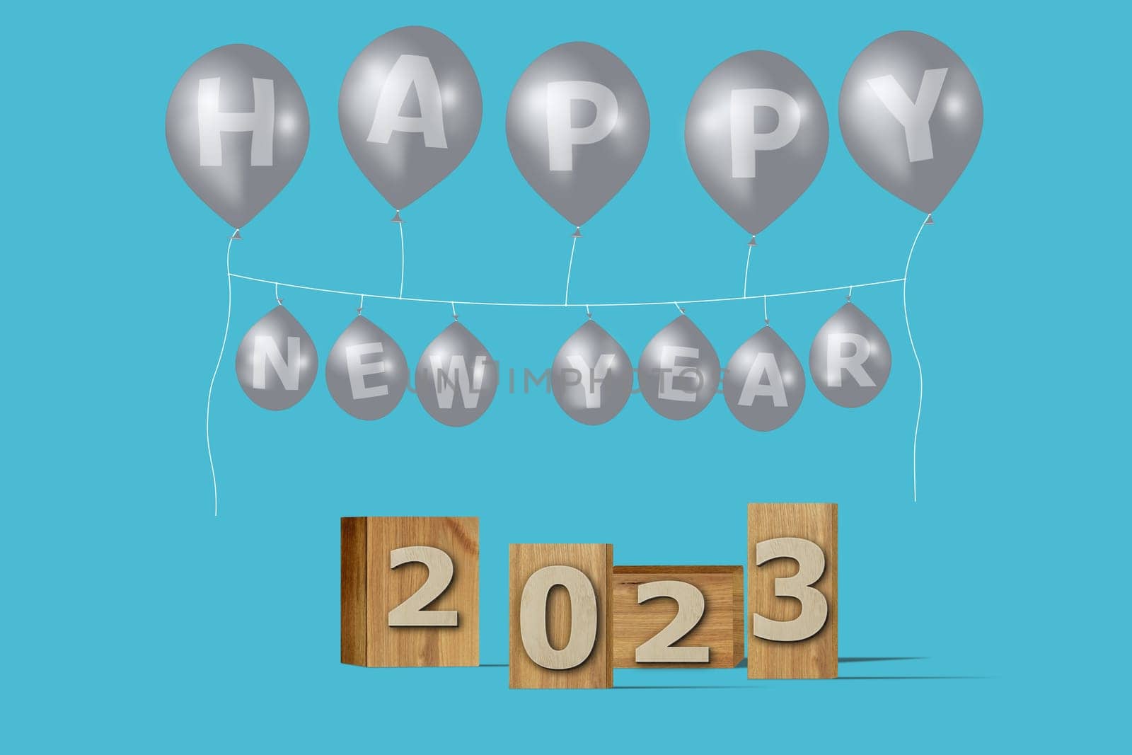 3D illustration New Year concept 2023 design with text on the wooden box and balloons on a blue atoll color background.