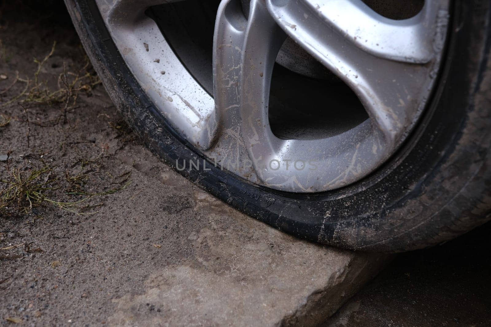 car flat tire. deflated wheel of a car with alloy disk.