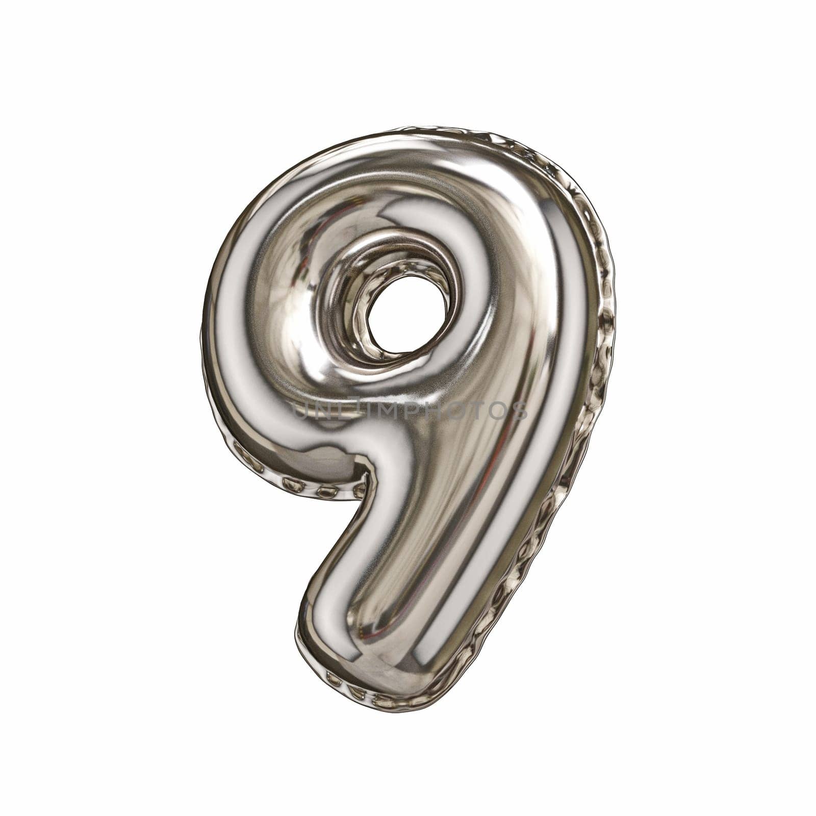 Silver foil balloon font number 9 NINE 3D rendering illustration isolated on white background