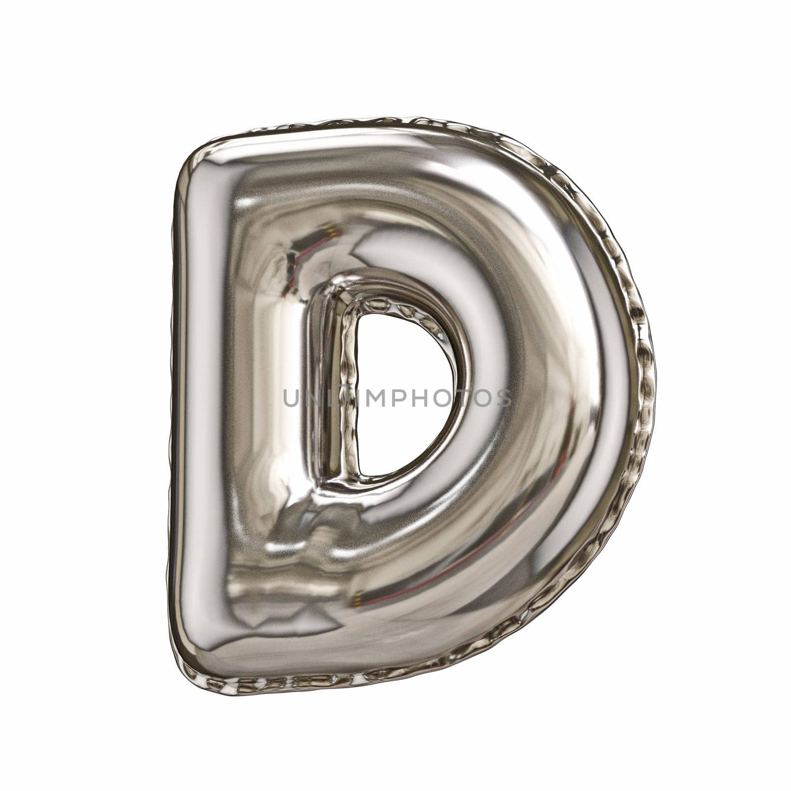 Silver foil balloon font letter D 3D rendering illustration isolated on white background
