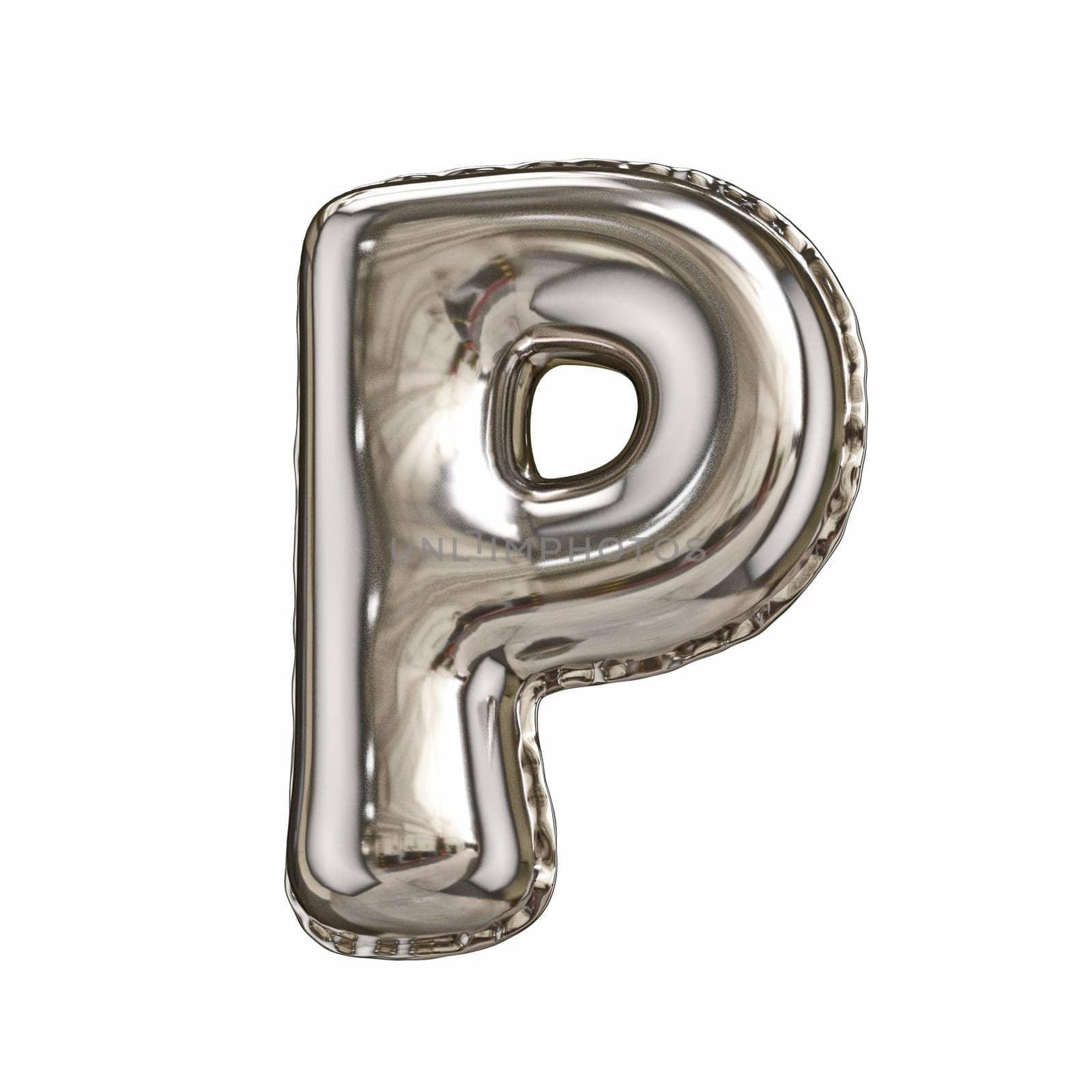 Silver foil balloon font letter P 3D rendering illustration isolated on white background