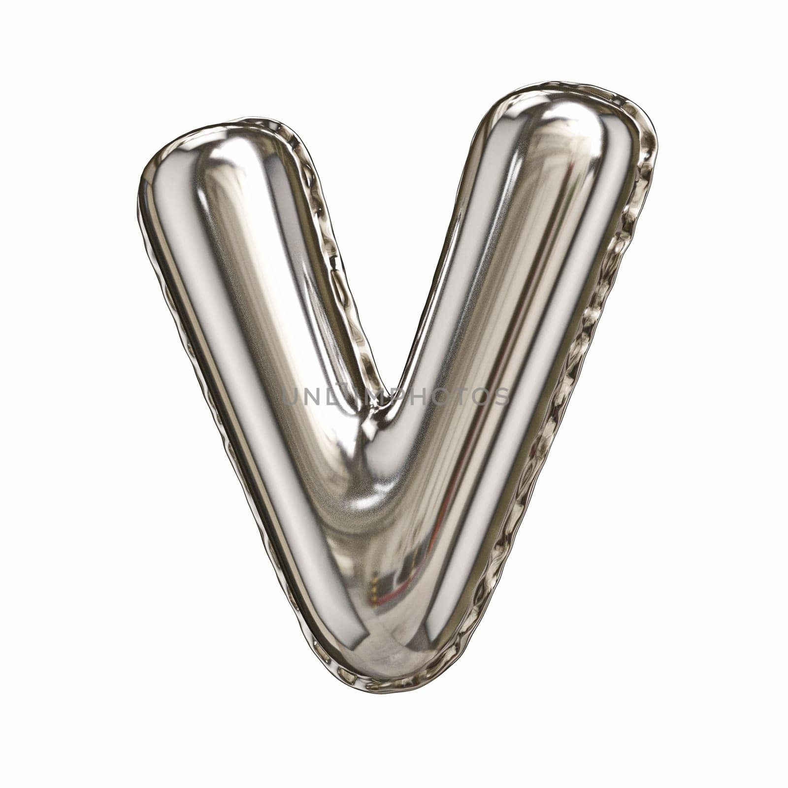 Silver foil balloon font letter V 3D rendering illustration isolated on white background