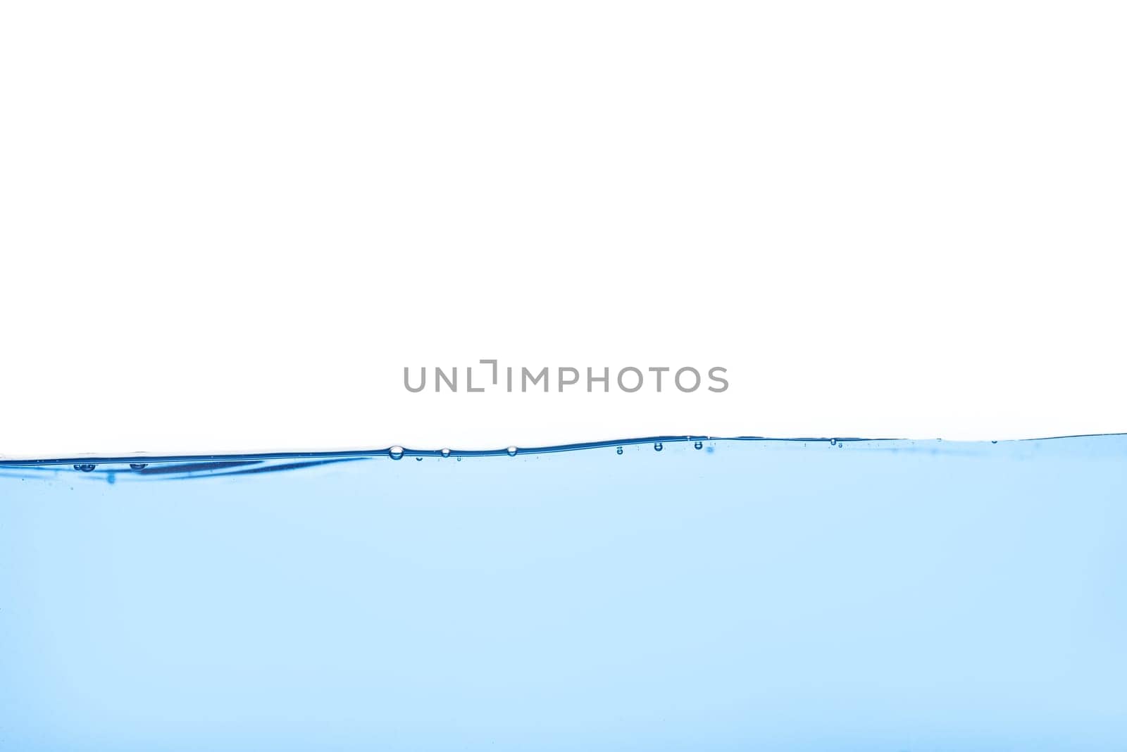 Abstract clean flow ripple surface on liquid. Light blue water wave with air bubbles and a little bit splashed underwater, studio shot isolated on white background