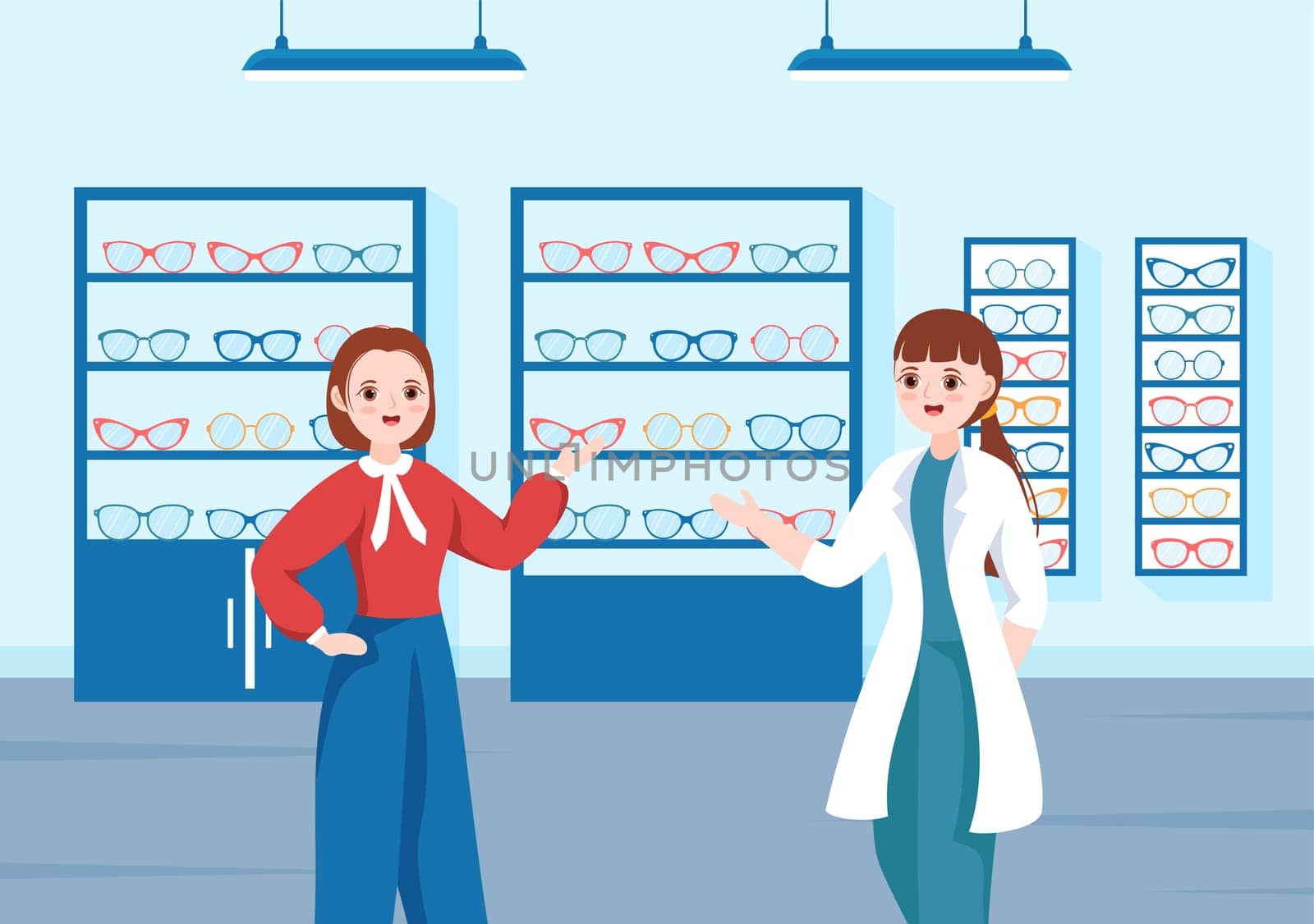 Eye Glasses Store or Optical Shop with Accessories, Optician, Checking Vision and Eyeglasses in Flat Cartoon Hand Drawn Templates Illustration