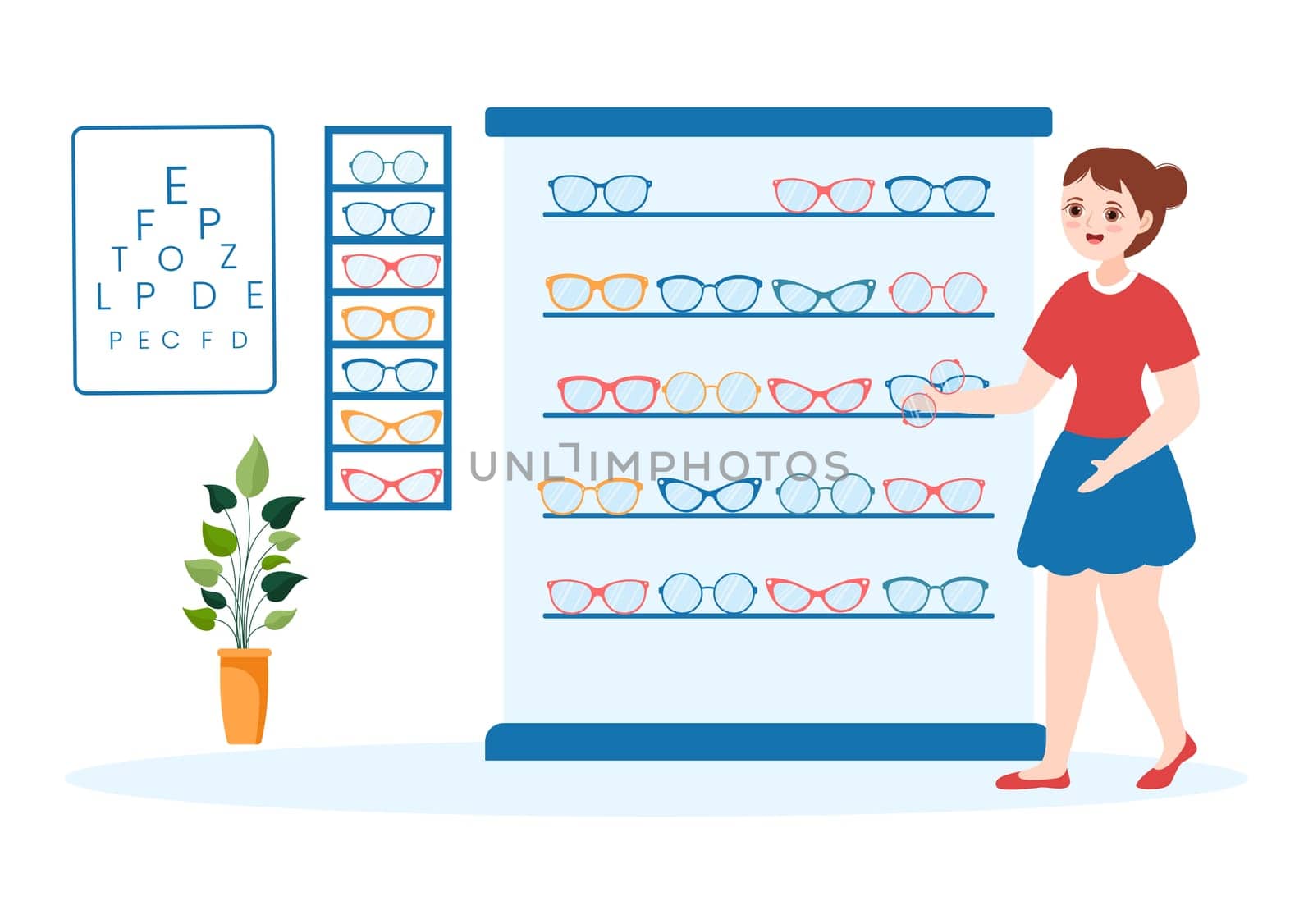 Eye Glasses Store or Optical Shop with Accessories, Optician, Checking Vision and Eyeglasses in Flat Cartoon Hand Drawn Templates Illustration