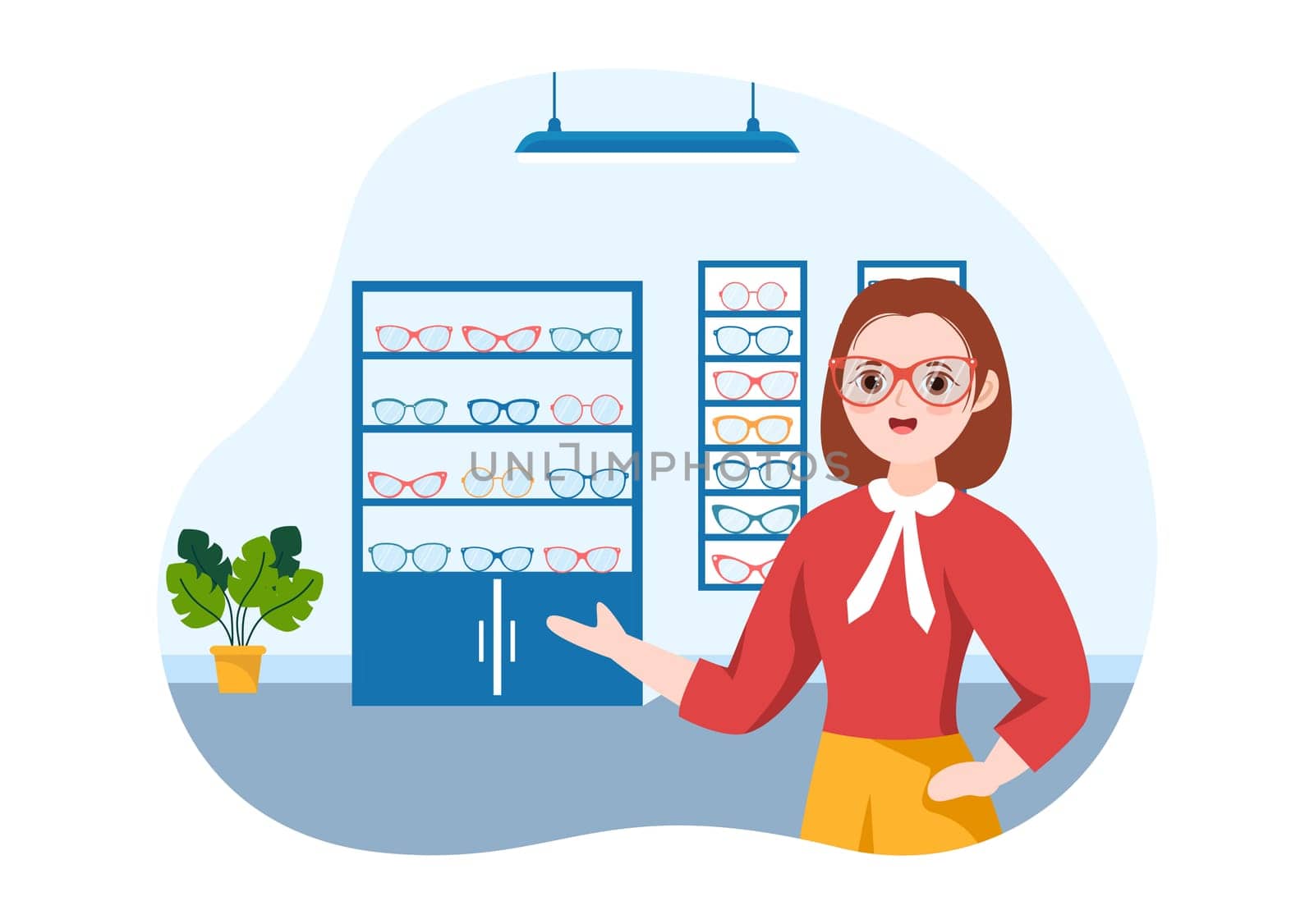 Eye Glasses Store or Optical Shop with Accessories, Optician, Checking Vision and Eyeglasses in Flat Cartoon Hand Drawn Templates Illustration