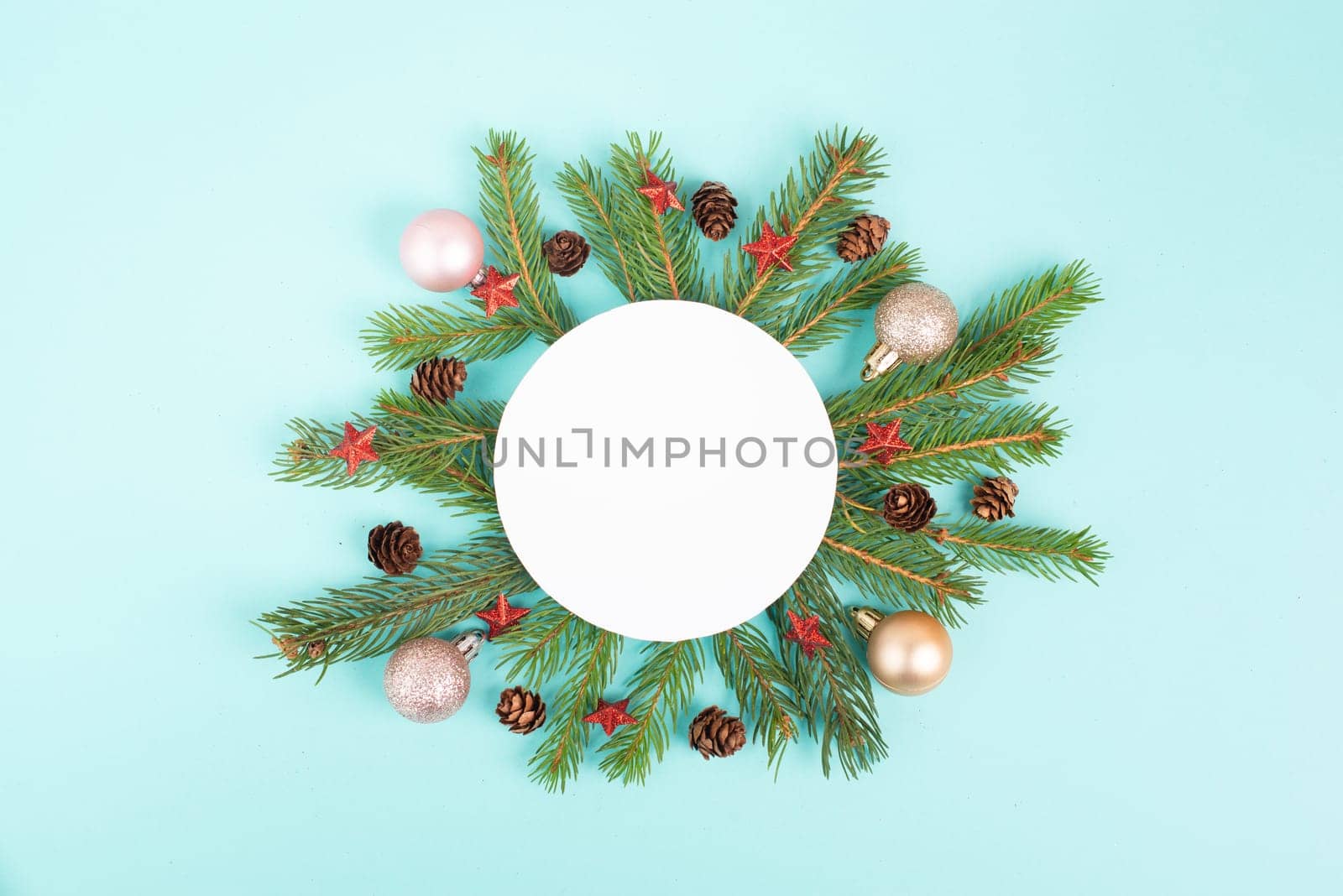 Christmas holiday background, frame with fir branches, baubles, candy cane and cones, winter season greeting card