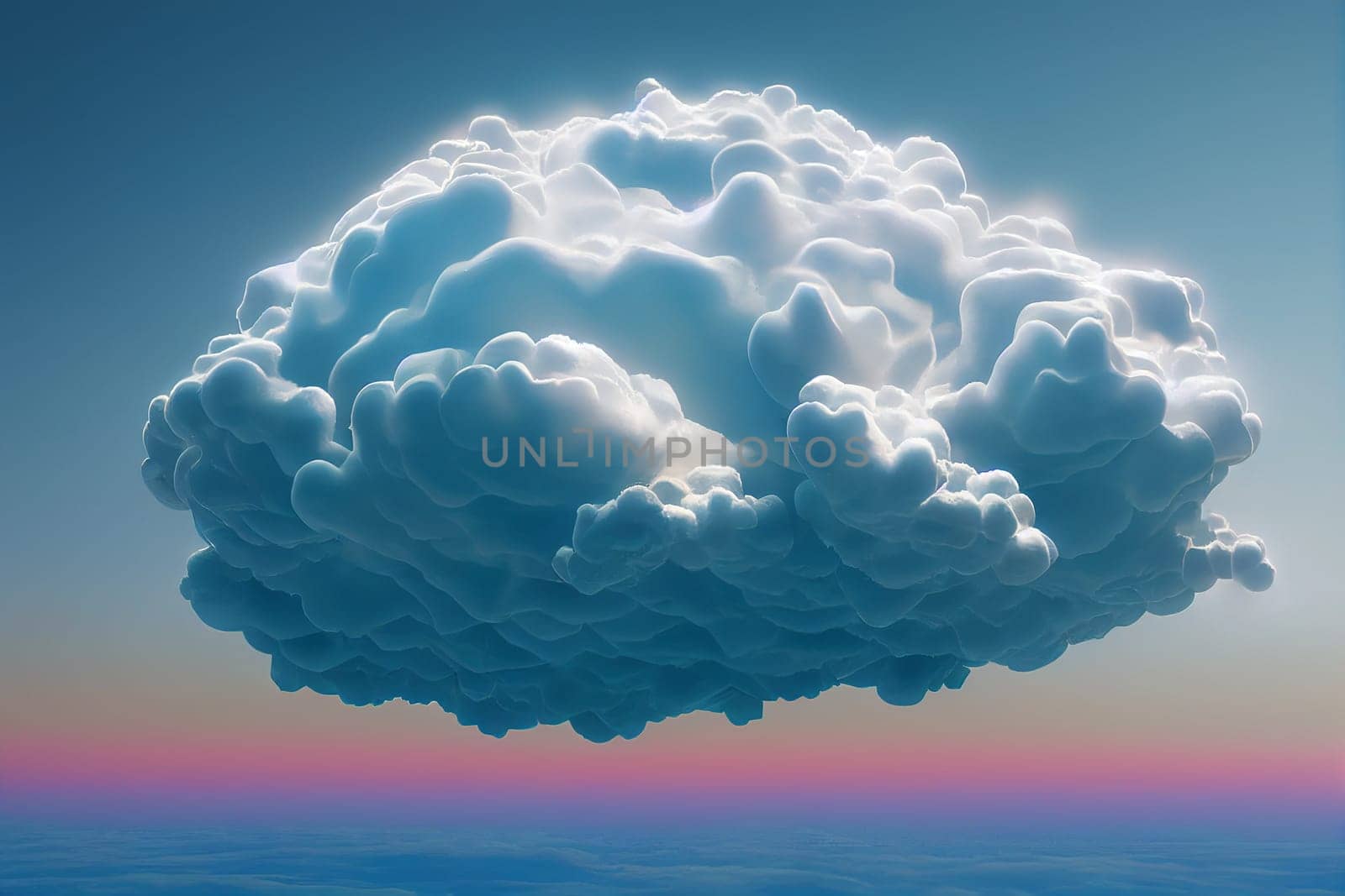 Big blue cloud in the sky, sunrise or sunset in the background, illustration