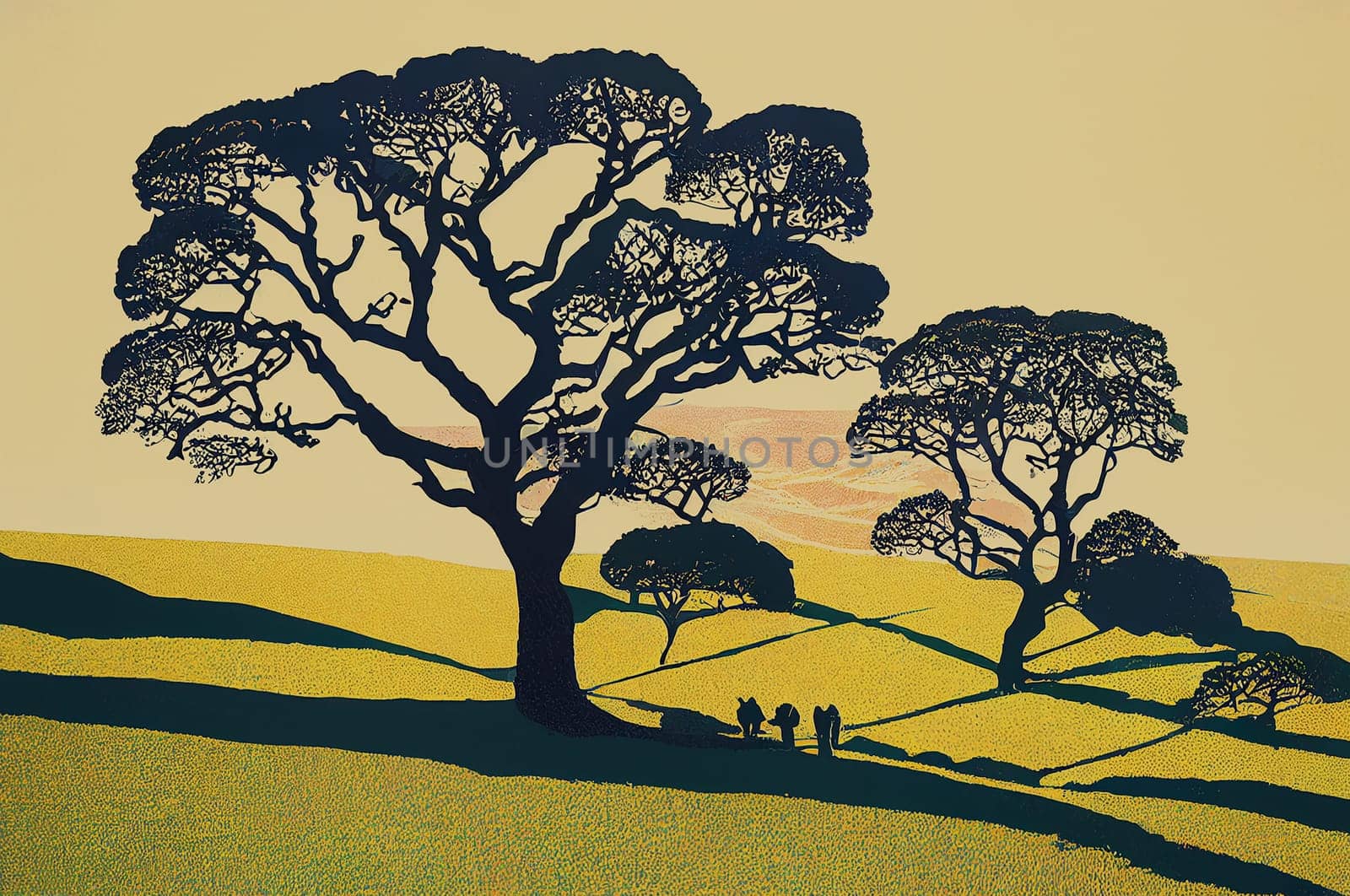 Landscape with silhouette trees, park in sunset or sunrise, countryside, illustration
