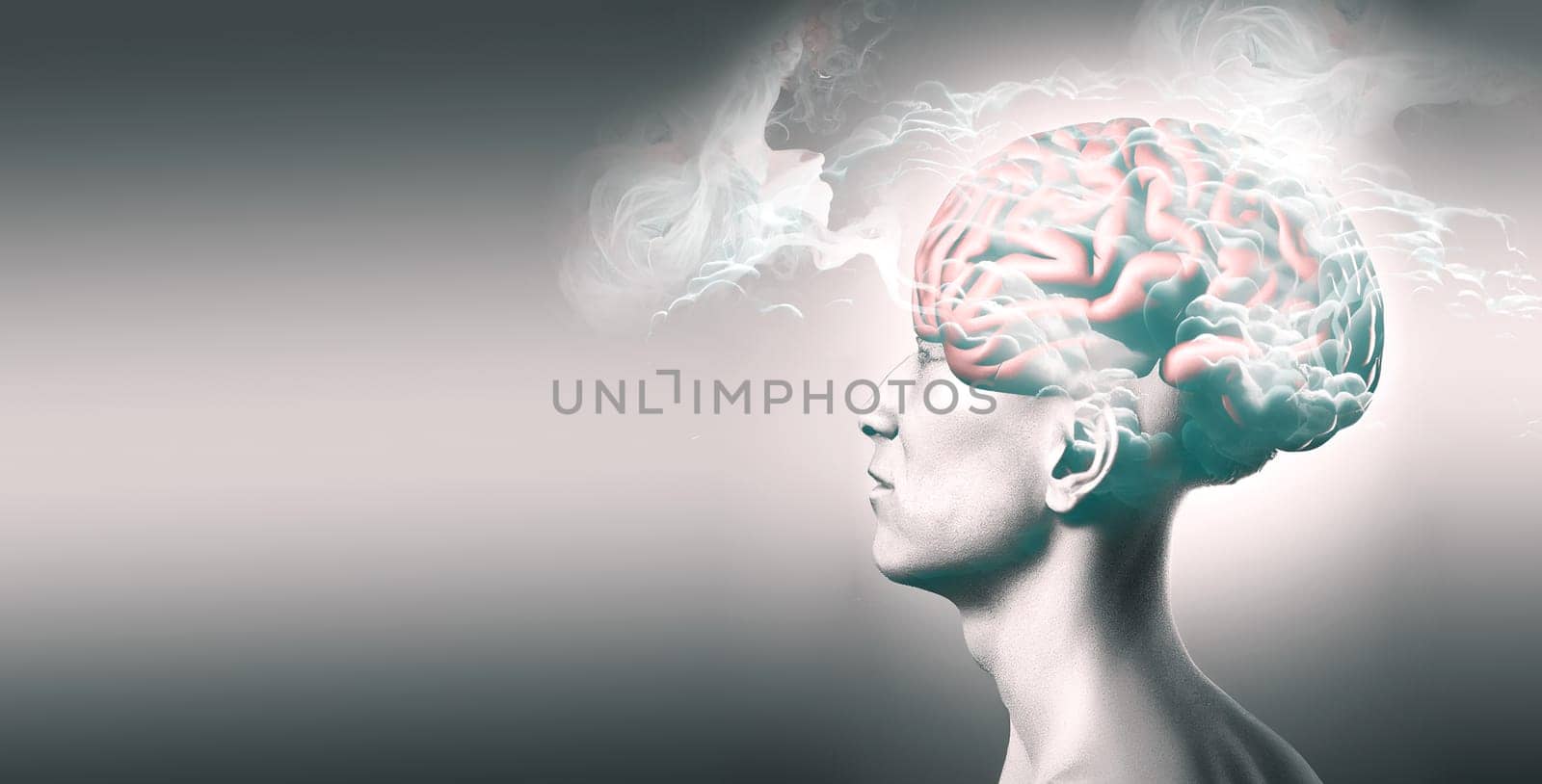 Brain fog, long covid symptom, illustration of a man with a brain, problems after Covid-19 disease, health issue