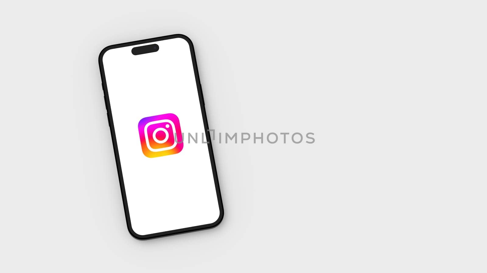 Instagram Logo on Mobile Phone Screen on Flat Light Gray Background with Copy Space 3D Render Illustration, Top View