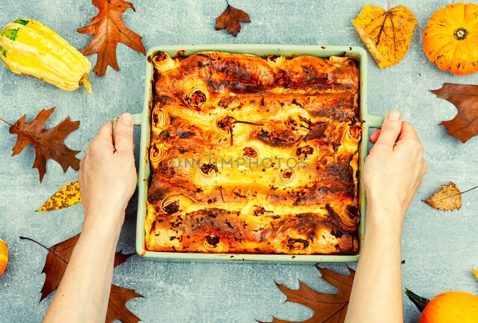 Pumpkin baked with cottage cheese in pita bread, appetizing autumn pie.