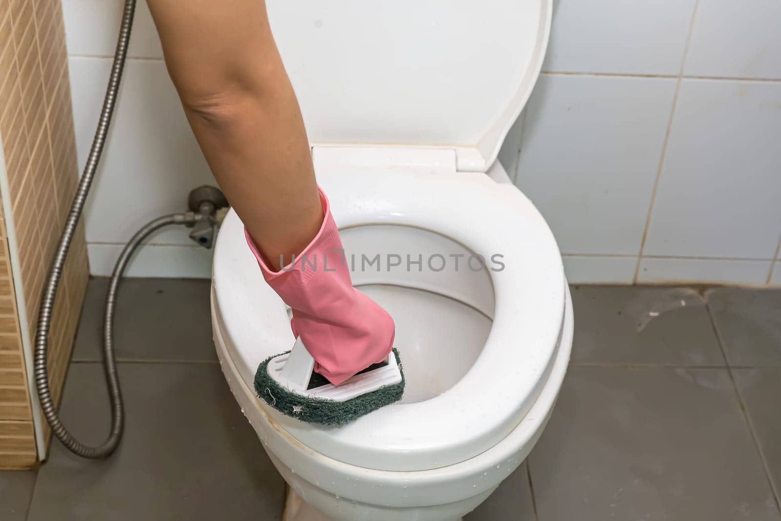 Woman cleaning toilet ware that is very dirty.