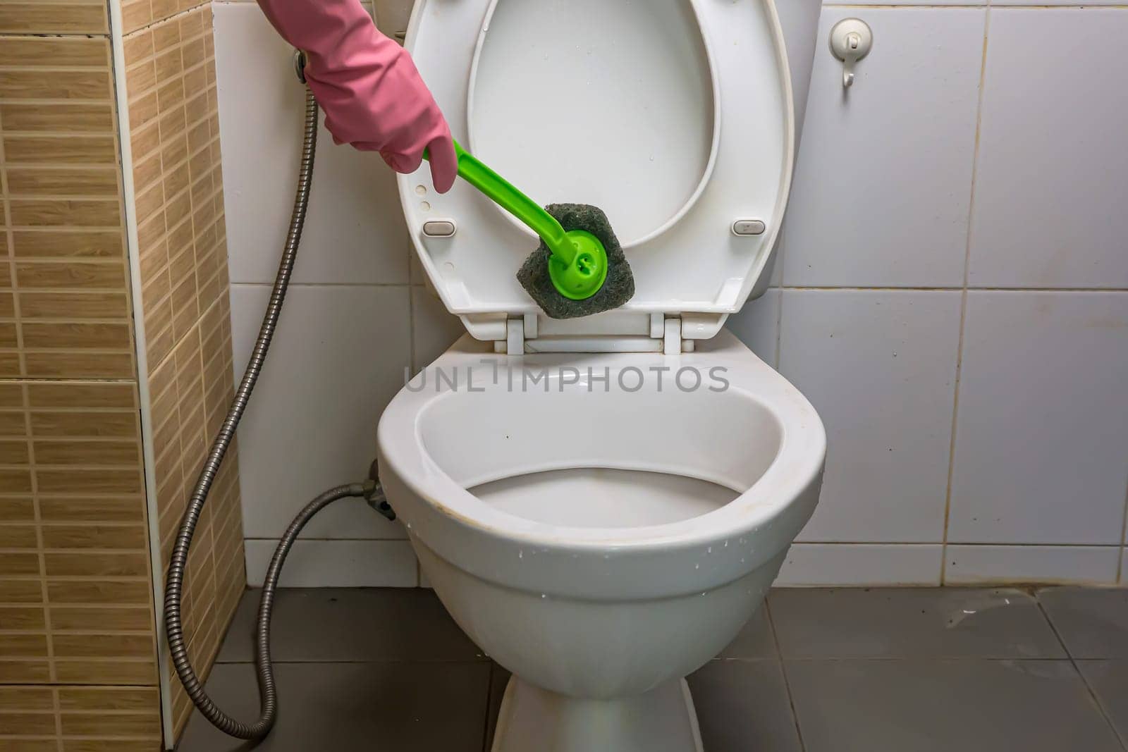 Woman cleaning toilet ware that is very dirty.