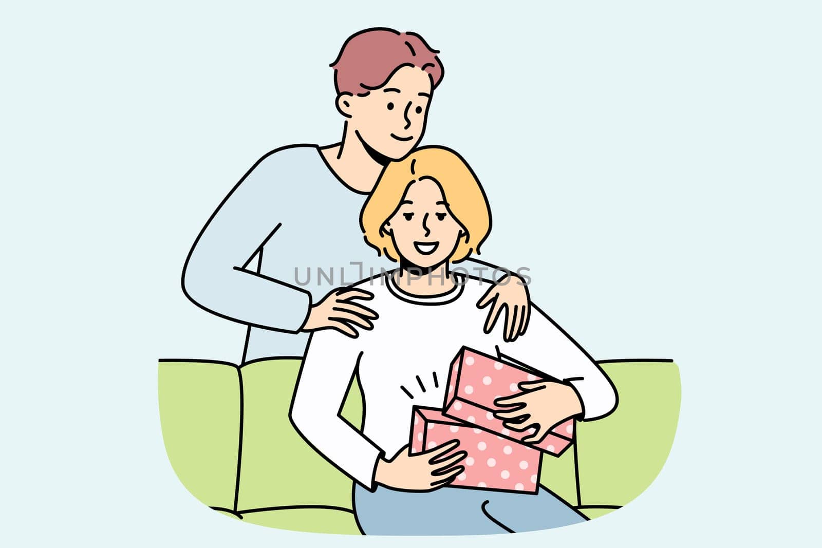 Loving young man make birthday present to excited woman at home. Caring male surprise congratulate happy female with anniversary. Vector illustration.
