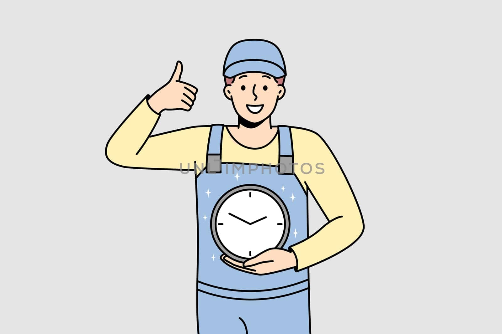 Smiling man in uniform holding clock in hands showing thumb up. Happy male worker with watch care about time management and deadline. Vector illustration.