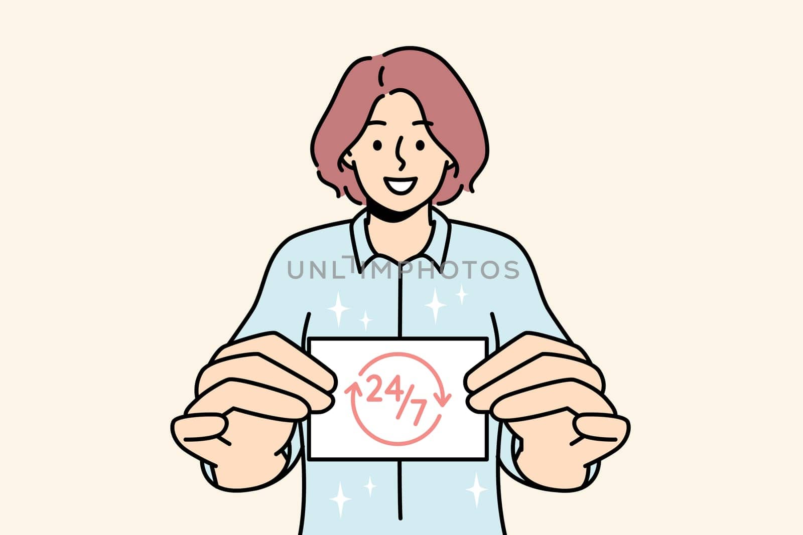 Smiling woman holding business card showing 24 7 service. Happy female present card with all day assistance or aid. Vector illustration.