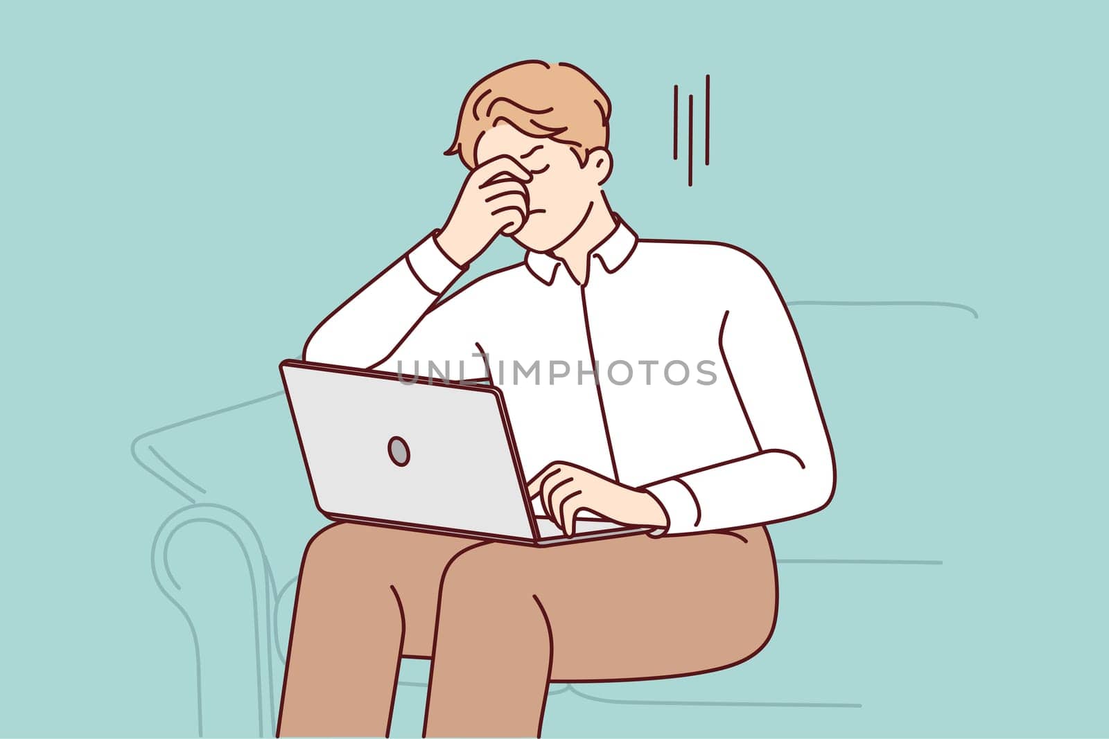 Unhealthy man sit on sofa work on computer suffer from headache. Unwell tired male with laptop struggle with overwork or health problems. Vector illustration.