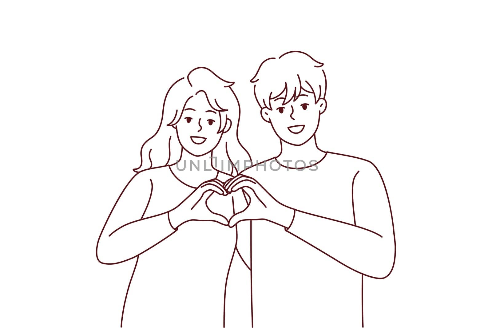 Smiling couple hug show heart hand gesture. Happy man and woman demonstrate love sign share affection and care. Relationships concept. Vector illustration.