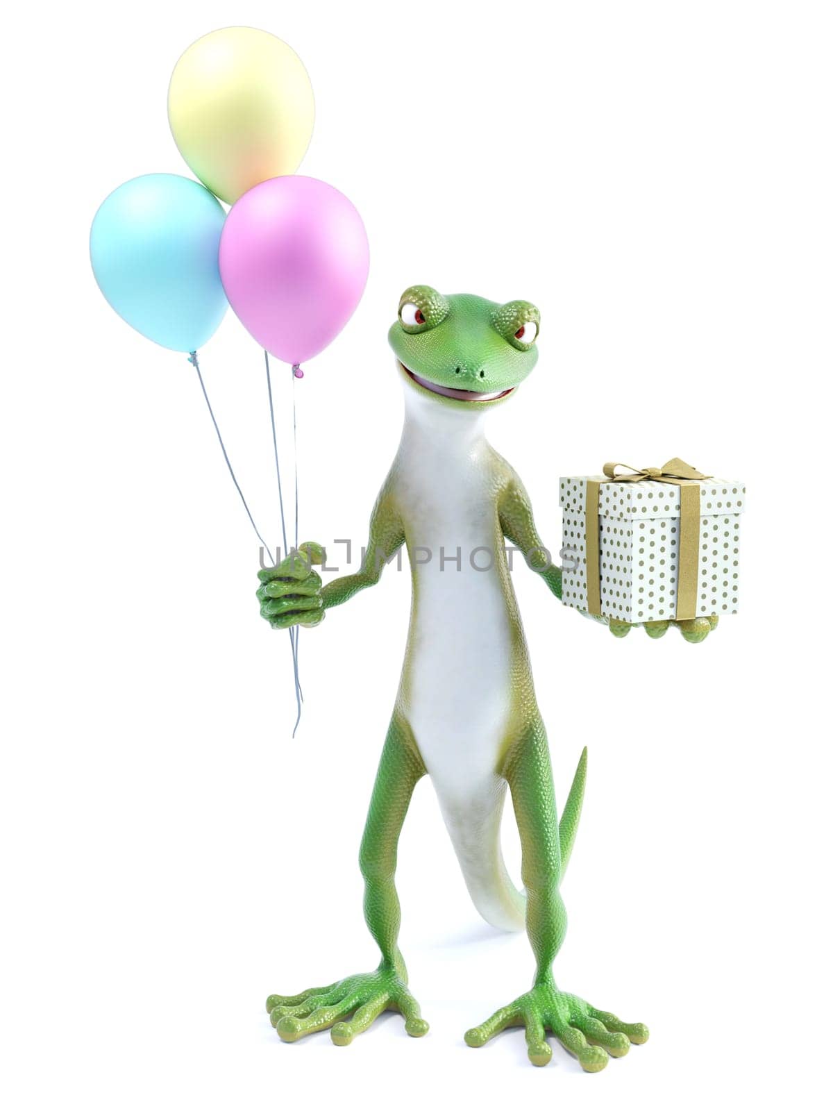 3D rendering of a cool green gecko or lizard standing up and holding three balloons in one hand and a wrapped present in the other. White background.