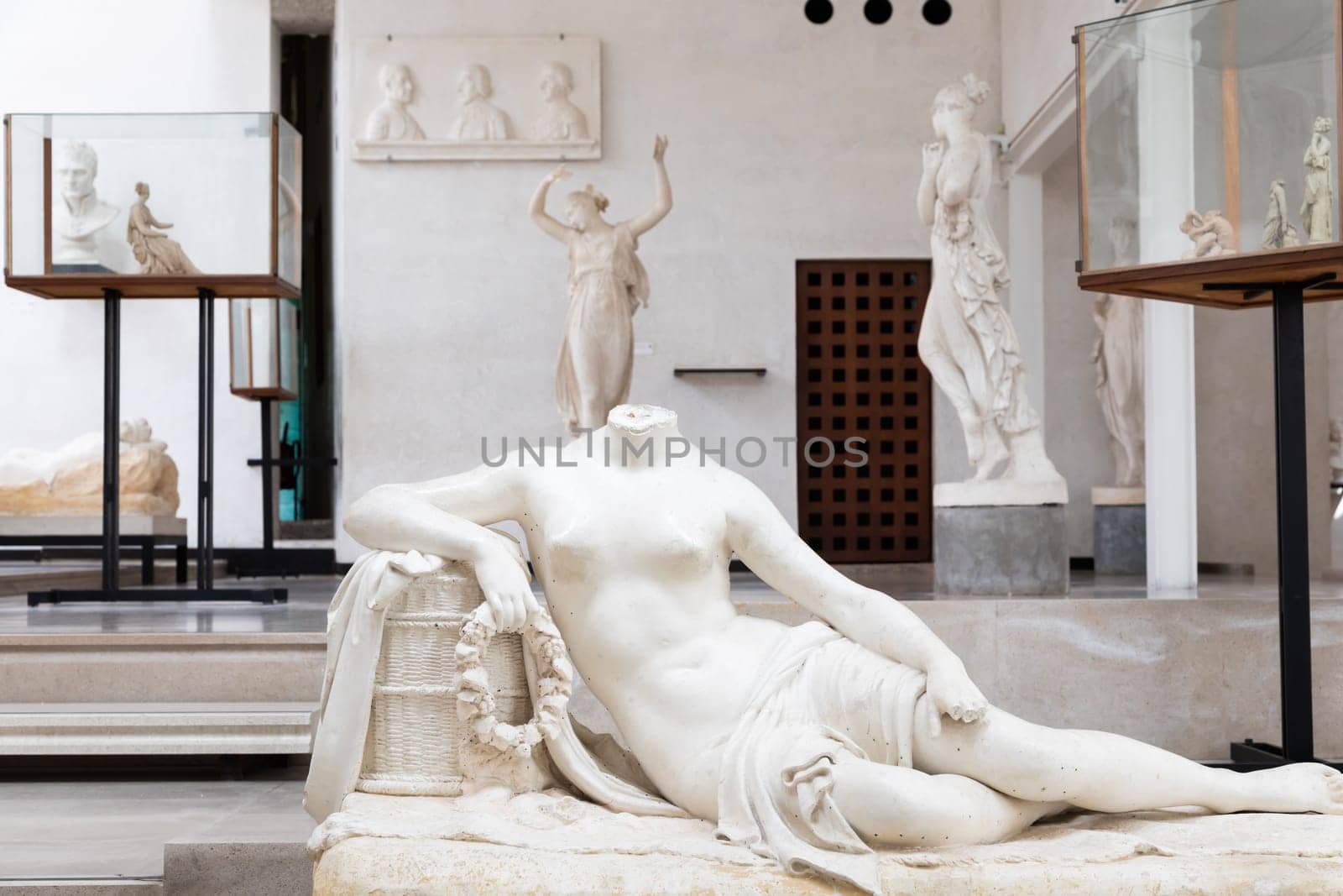 Possagno, Italy - August 2022: Antonio Canova collection. Classical sculptures in white marble, gallery of masterpieces