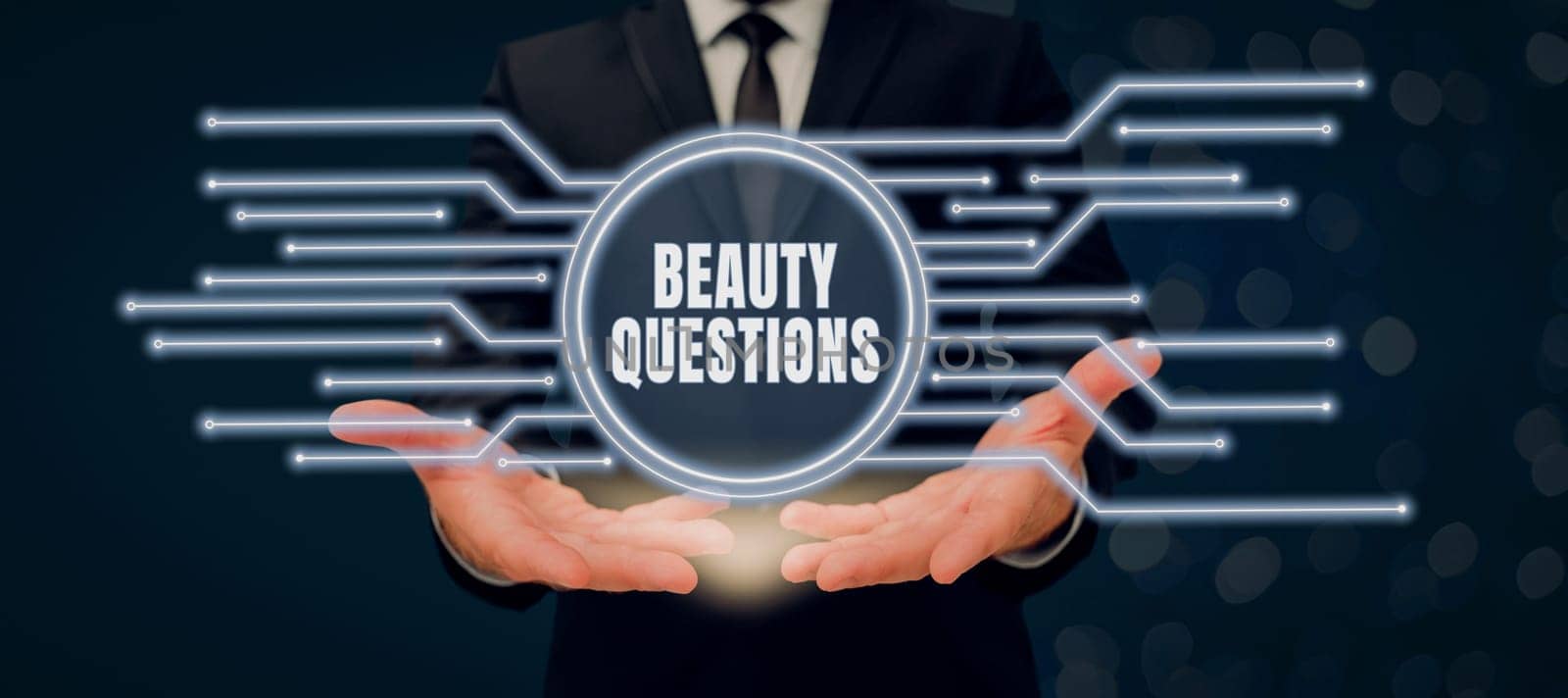 Hand writing sign Beauty Questions, Business approach digital marketplace where traders can buy and sell bitcoins Businessman Holding Futuristic Design Over Hands And Showing New Data.