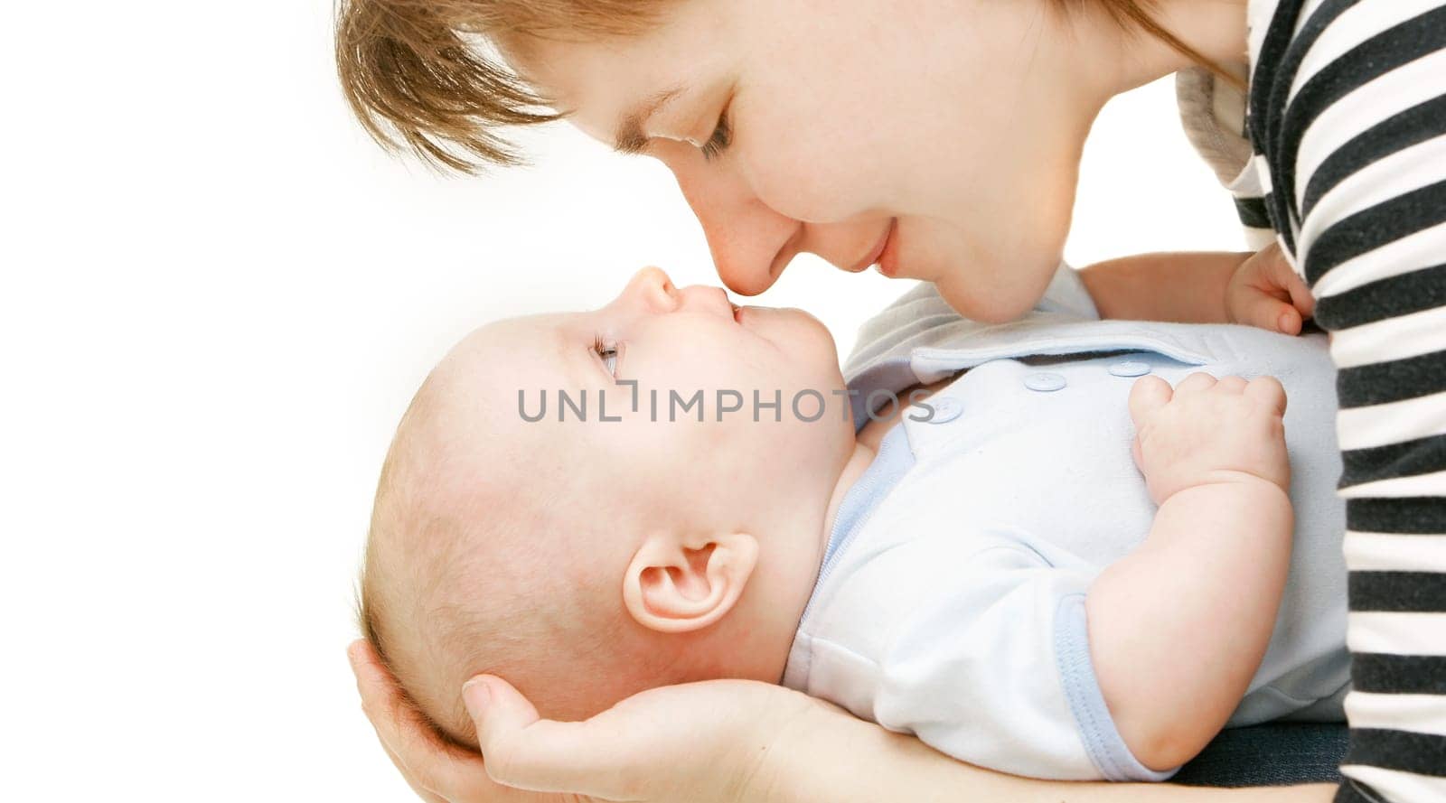 mother and baby over white