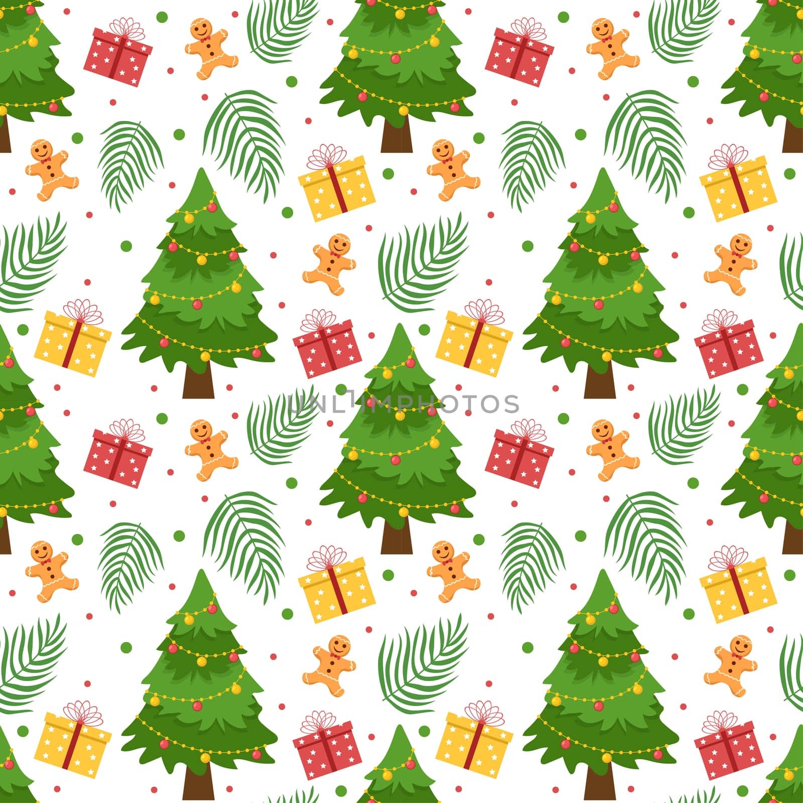 Christmas Background Seamless Pattern Design With Santa Claus, Tree, Snowman And Gifts in Template Hand Drawn Cartoon Flat Illustration