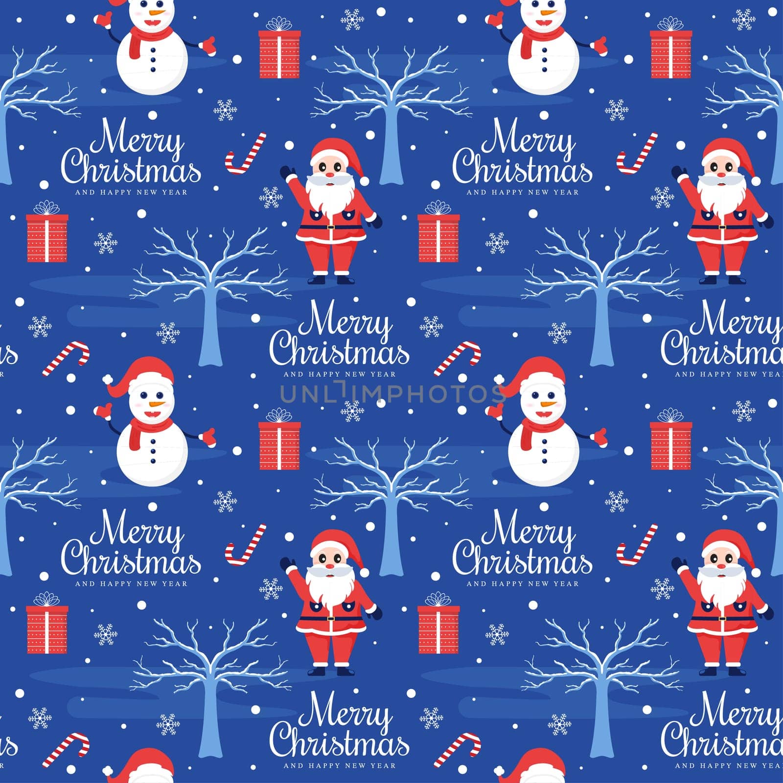 Christmas Background Seamless Pattern Design With Santa Claus, Tree, Snowman And Gifts in Template Hand Drawn Cartoon Flat Illustration