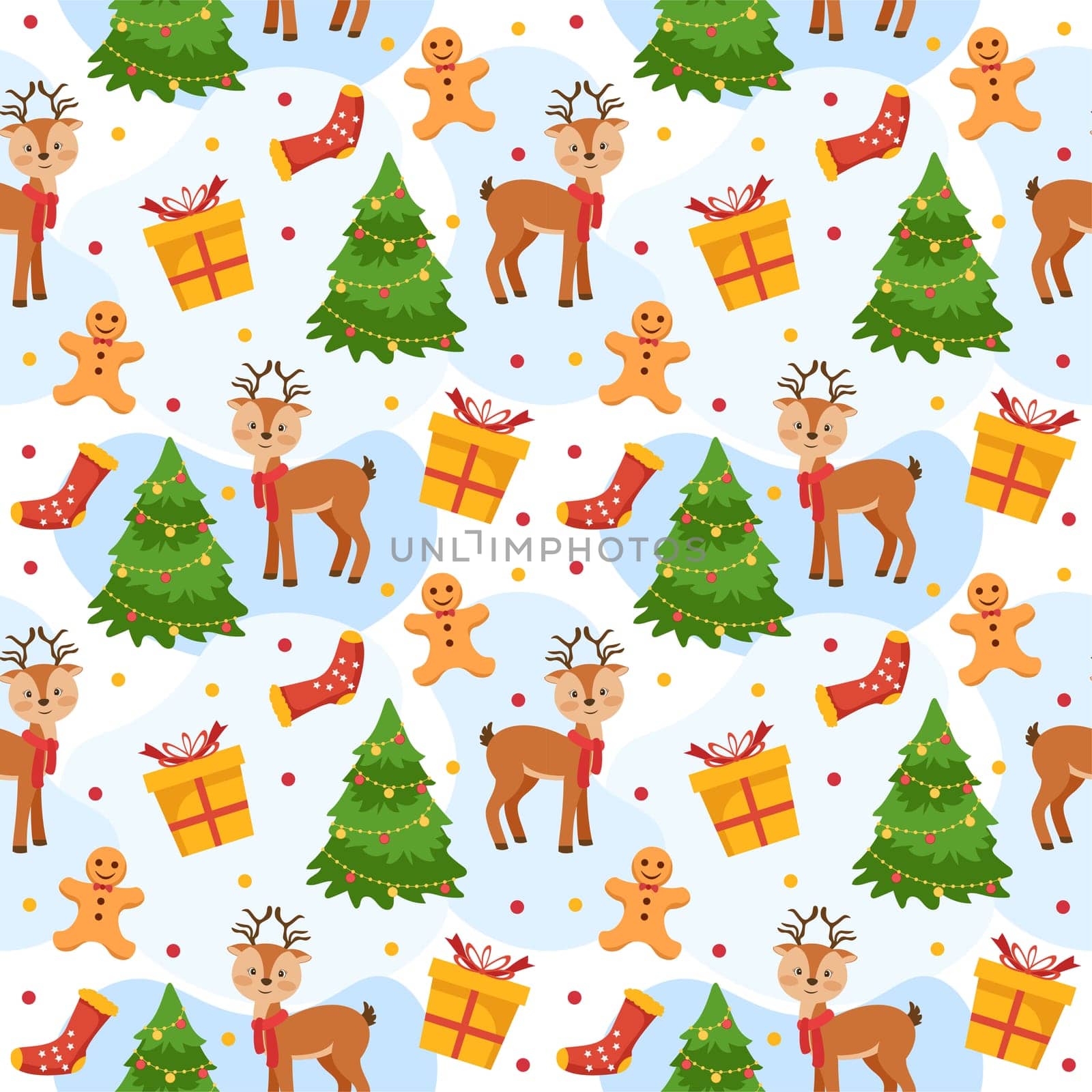 Christmas Background Seamless Pattern Design With Santa Claus, Tree, Snowman And Gifts in Template Hand Drawn Cartoon Flat Illustration