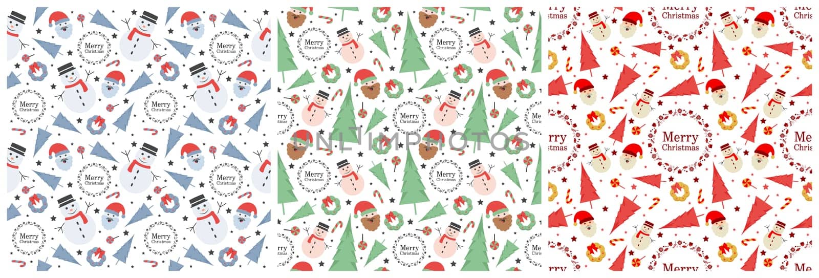 Set of Christmas Background Seamless Pattern Design With Santa Claus, Tree, Snowman And Gifts in Template Hand Drawn Cartoon Flat Illustration