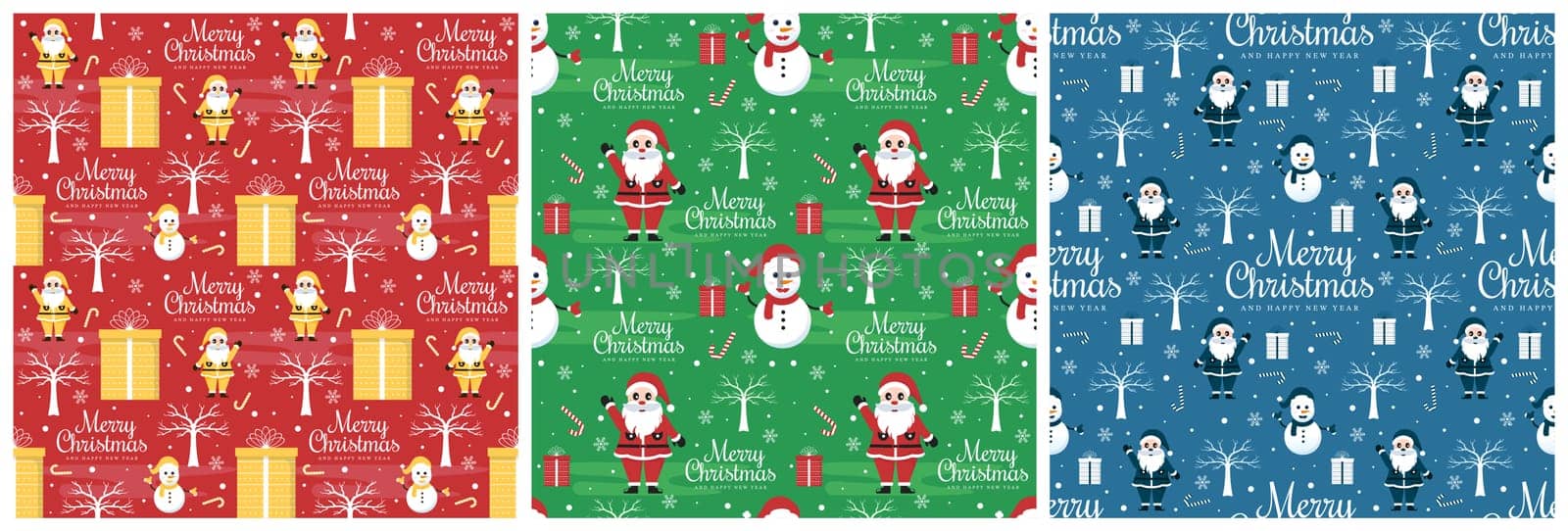 Set of Christmas Background Seamless Pattern Design With Santa Claus, Tree, Snowman And Gifts in Template Hand Drawn Cartoon Flat Illustration