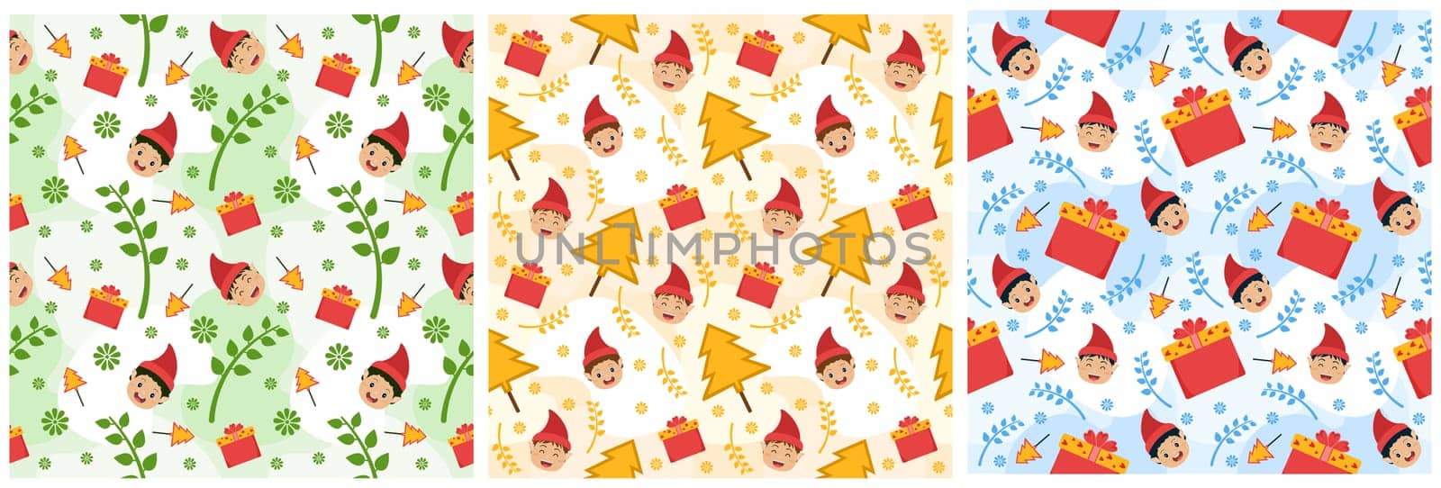 Set of Christmas Background Seamless Pattern Design With Santa Claus, Tree, Snowman And Gifts in Template Hand Drawn Cartoon Flat Illustration