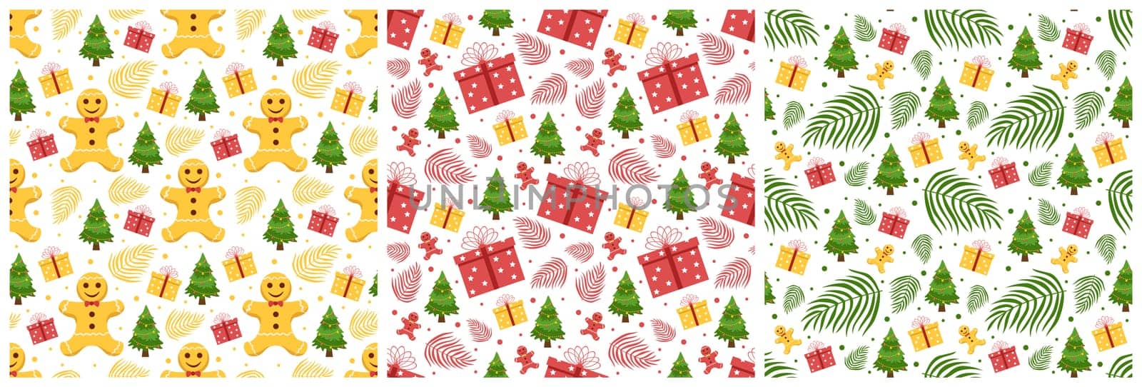 Set of Christmas Background Seamless Pattern Design With Santa Claus, Tree, Snowman And Gifts in Template Hand Drawn Cartoon Flat Illustration