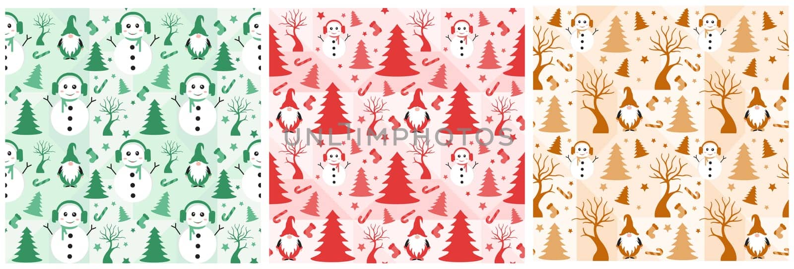 Set of Christmas Background Seamless Pattern Design With Santa Claus, Tree, Snowman And Gifts in Template Hand Drawn Cartoon Flat Illustration