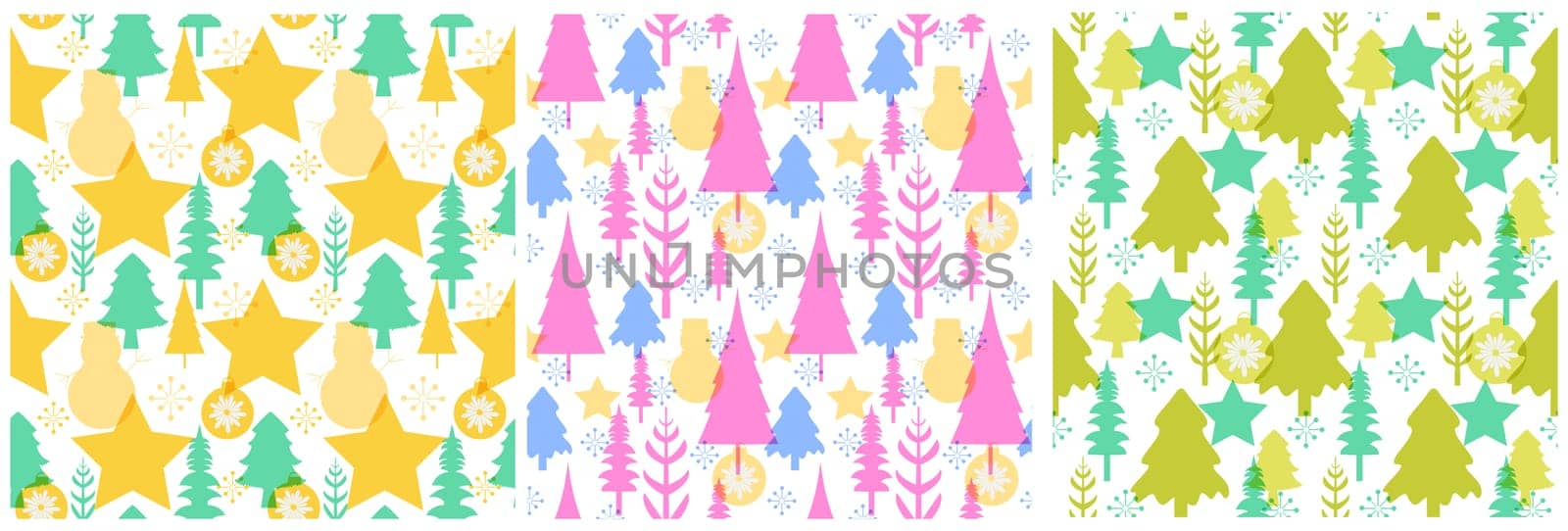 Set of Christmas Background Seamless Pattern Design With Santa Claus, Tree, Snowman And Gifts in Template Hand Drawn Cartoon Flat Illustration