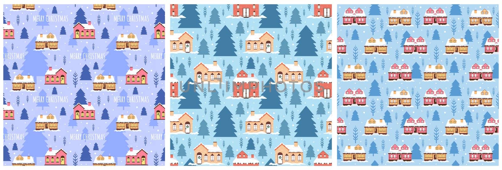 Set of Christmas Background Seamless Pattern Design With Santa Claus, Tree, Snowman And Gifts in Template Hand Drawn Cartoon Flat Illustration