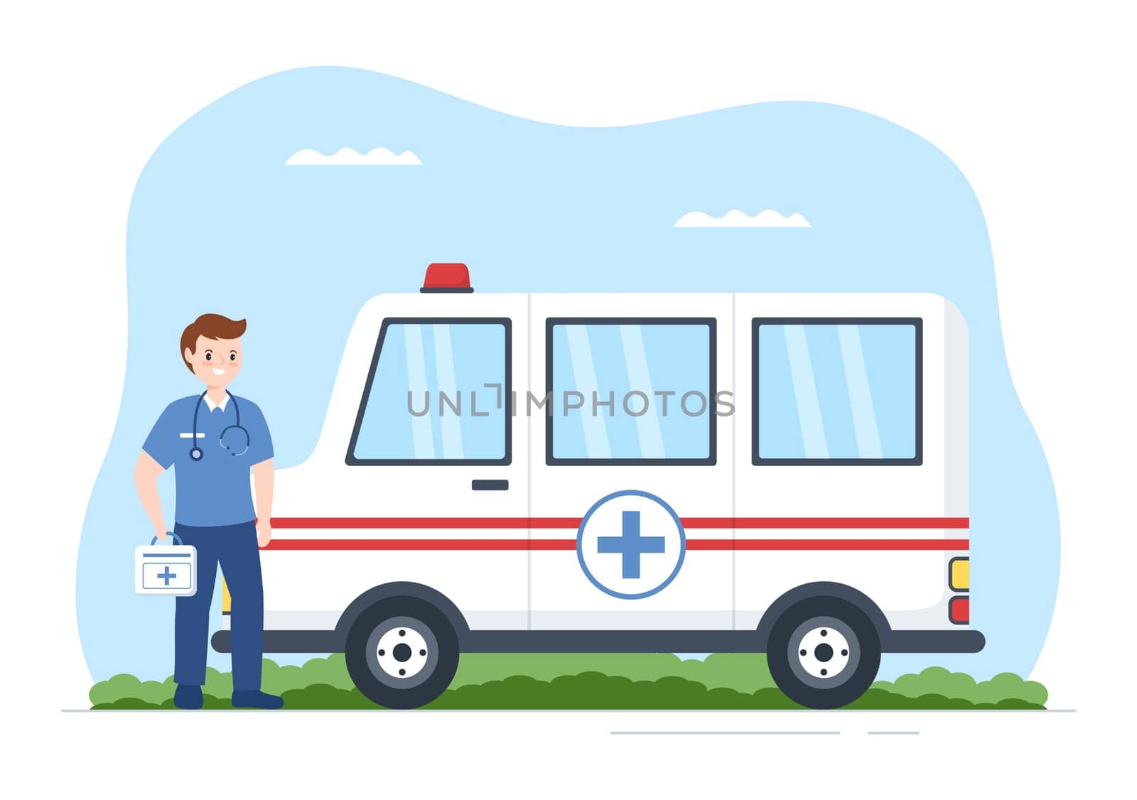 Medical Vehicle Ambulance Car or Emergency Service for Pick Up Patient the Injured in an Accident in Flat Cartoon Hand Drawn Templates Illustration