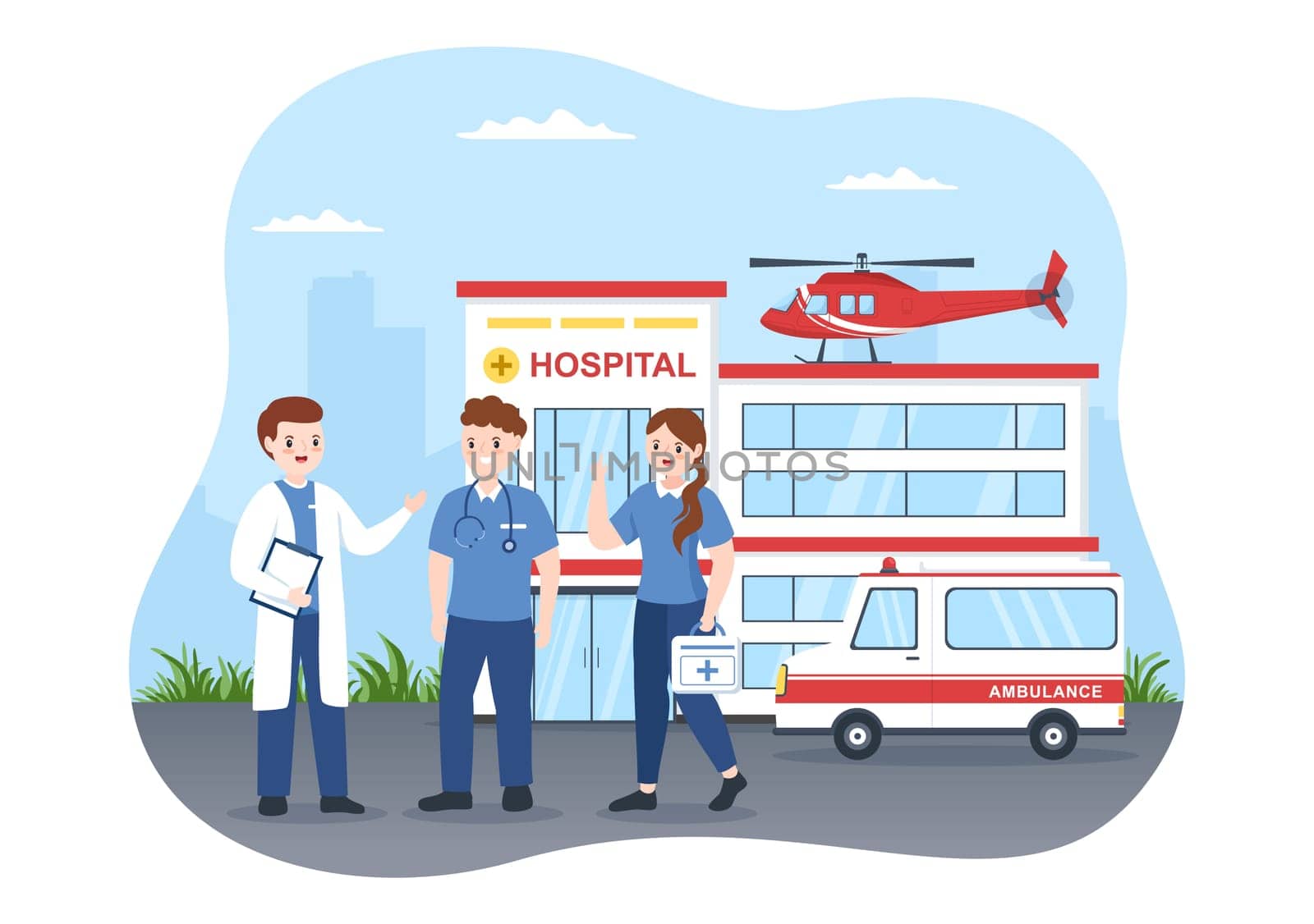 Medical Vehicle Ambulance Car or Emergency Service for Pick Up Patient the Injured in an Accident in Flat Cartoon Hand Drawn Templates Illustration
